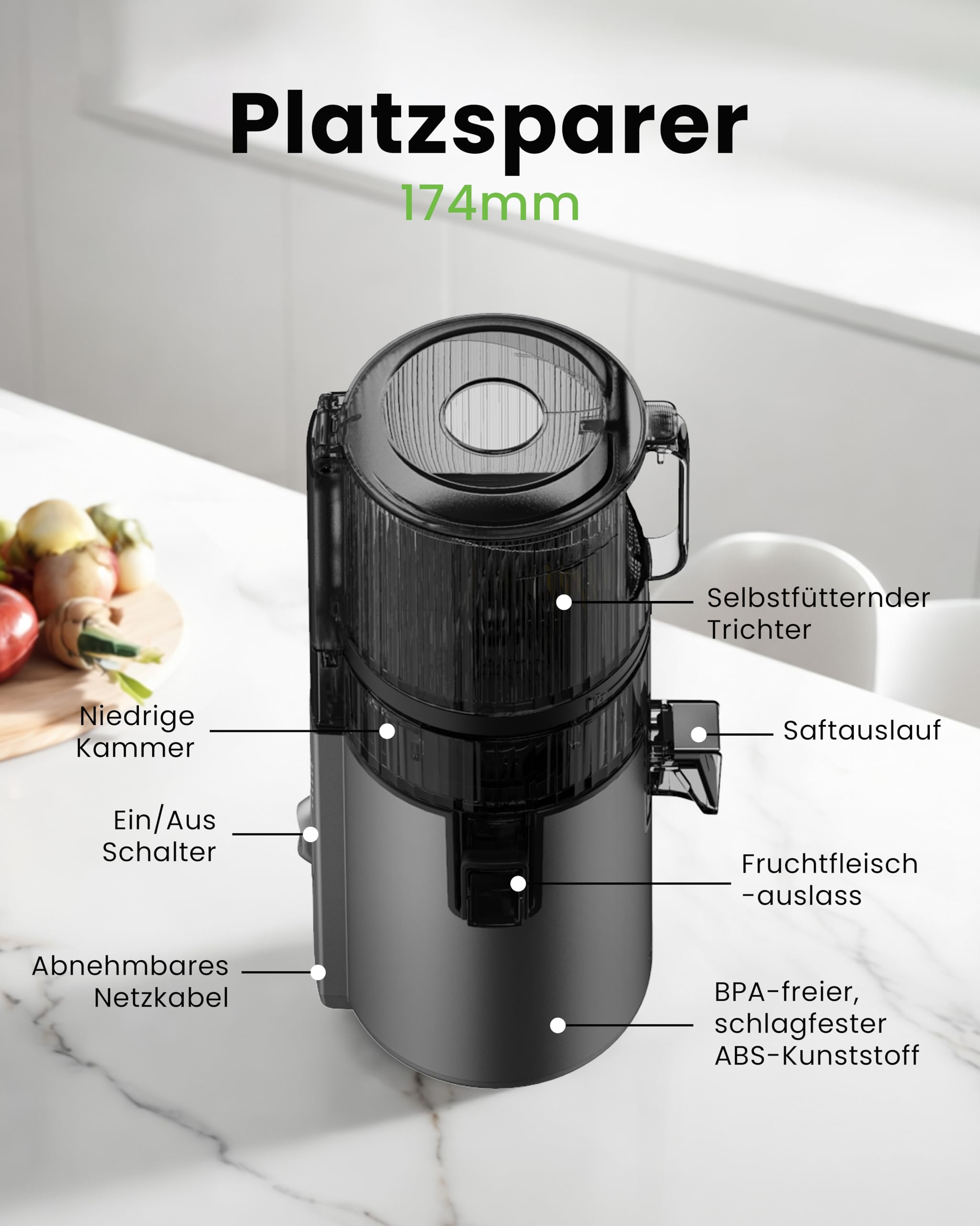 Hurom H70FT Neuer Slow Juicer | Elektrische Kaltpresse | Entsafter für Gemüse & Obst | 1.8L Kapazität | Automatische Entsaftungsfunktion | BPA-frei | 15 Jahre Garantie | 150W | Titangrau
