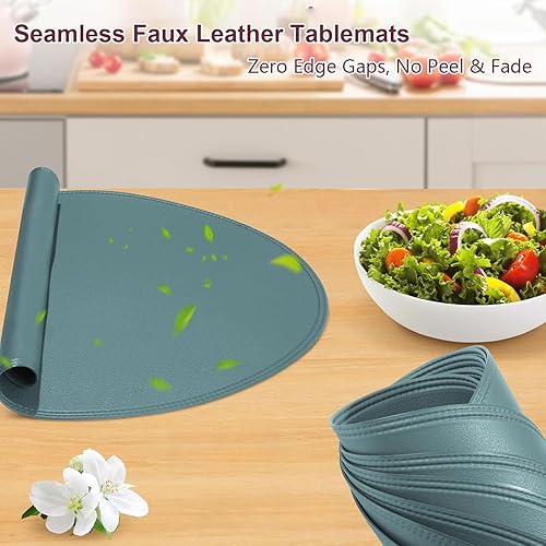 Miniatura 6 de Juego de 6 manteles individuales redondos de vinilo azul, de piel sintética, impermeables, lavables, resistentes al calor, manteles individuales