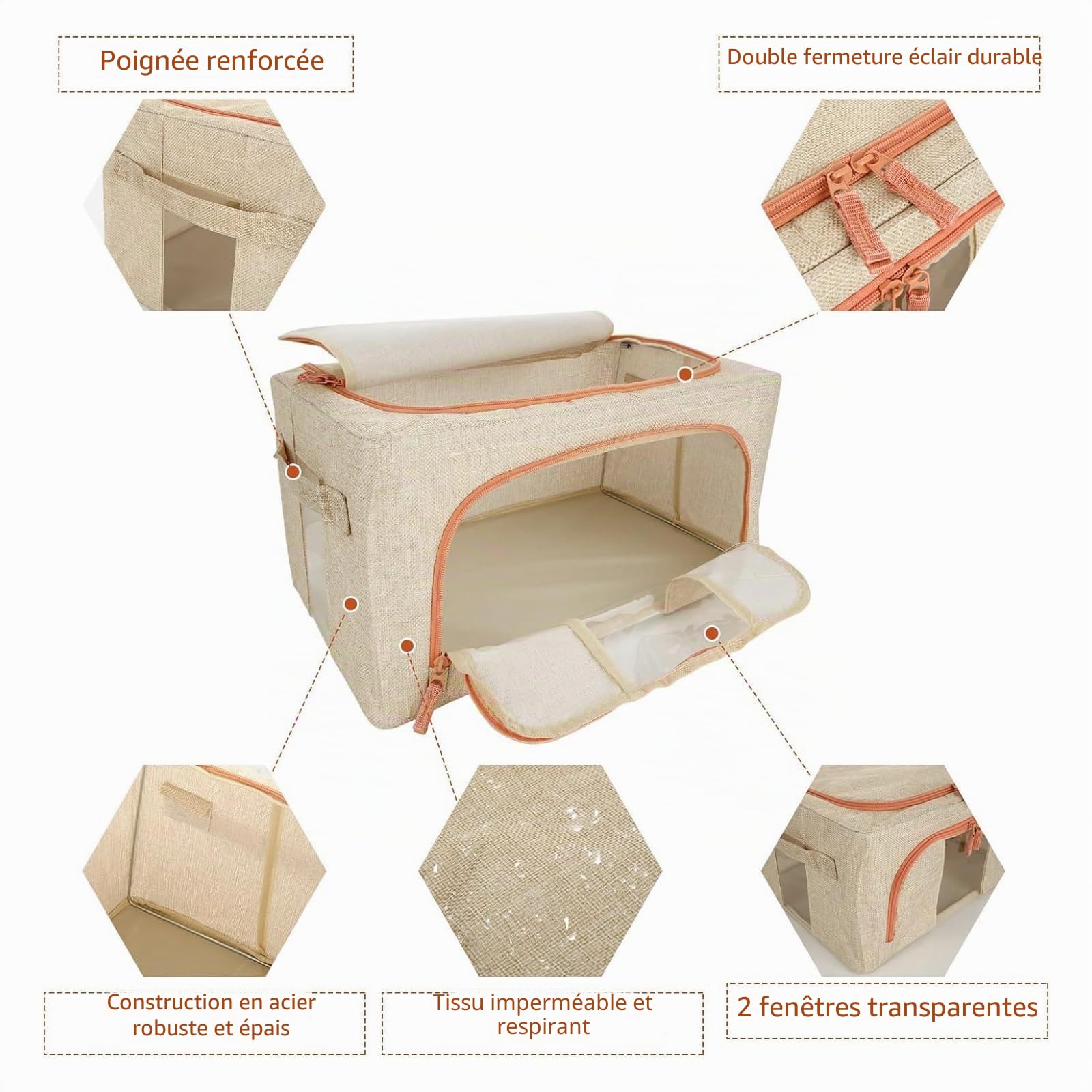 3Pcs Beige Boite de Rangement Vetement avec Cadre en Métal,24L Boîte de Rangement Pliable,Organisateur Placard,Rangement Sous Lit,Boîtes Rangement pour Vêtements pour Organiser Les Chambres,Armoires