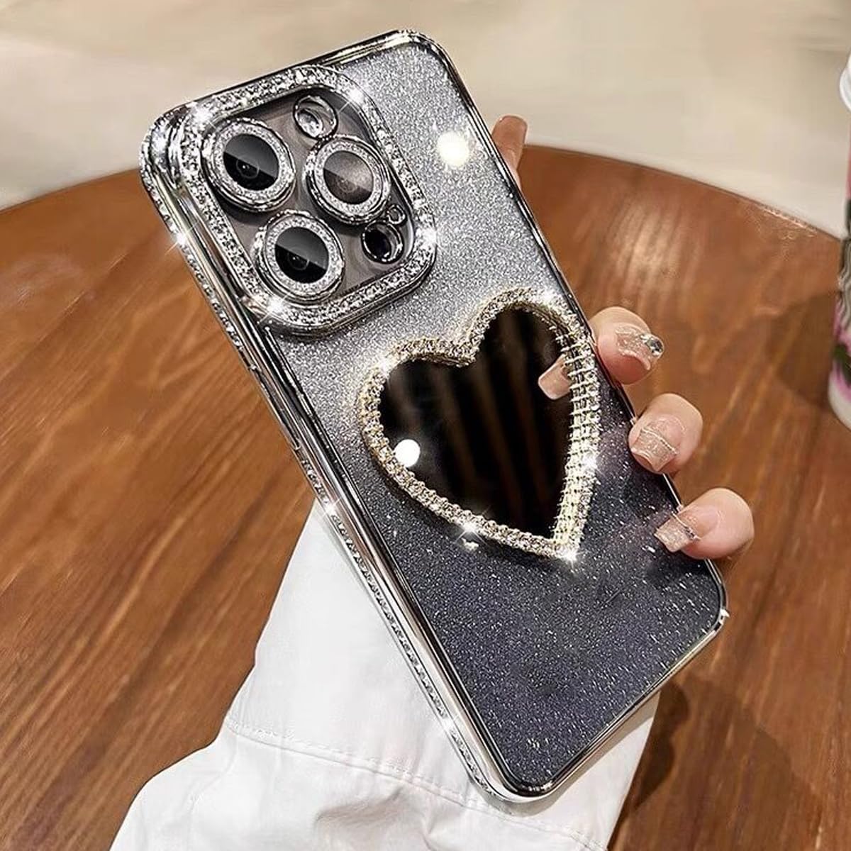 Glitter Mirror Case for iPhone 17 Pro,Cute Luxury Diamond Heart Makeup Mirror Bling Sparkly Rhinestone with Camera Lens Protector Plating Bumper Women Girls Case for iPhone 17 Pro 6.3",Silver - Image 7