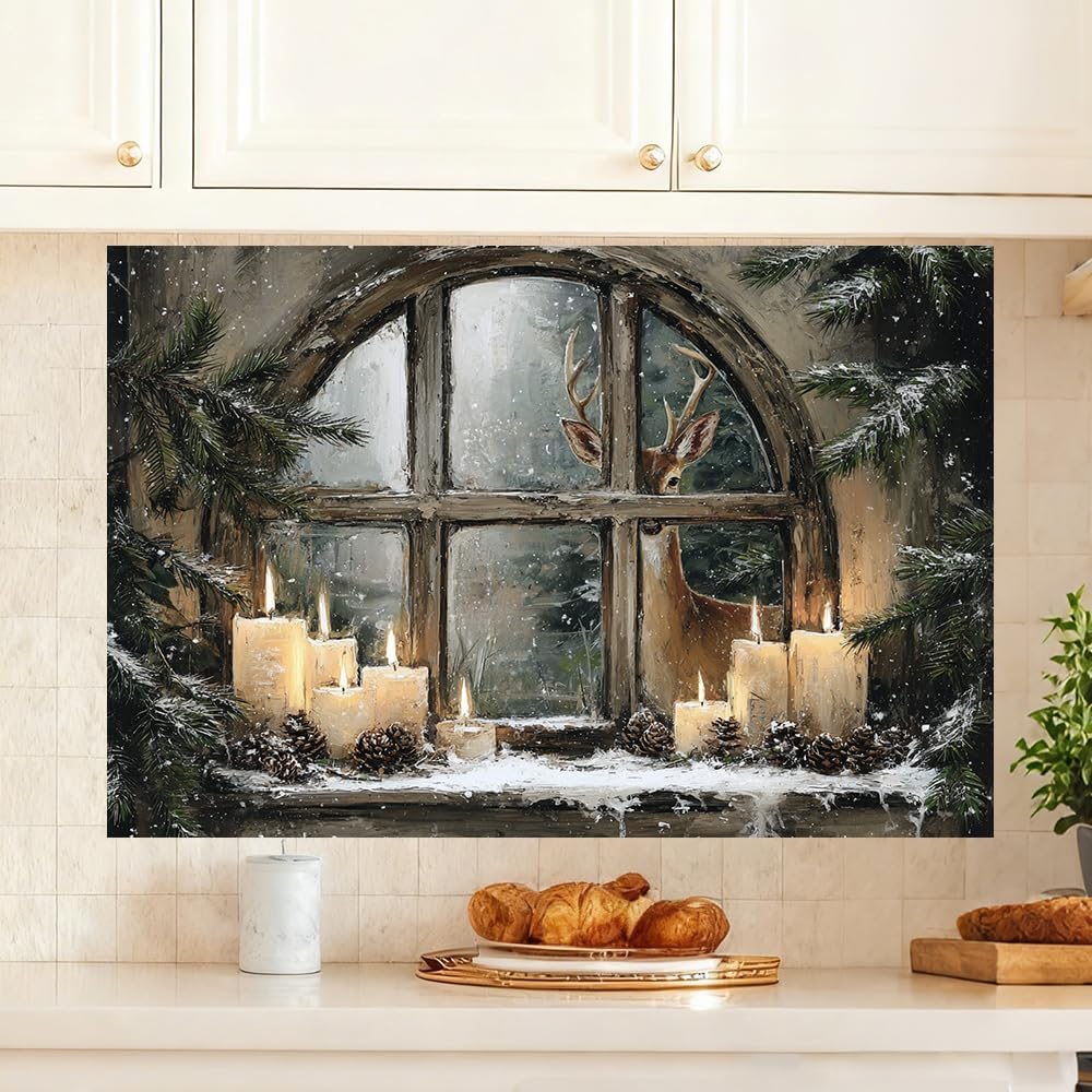 35.5x23.6 Inch Winter Window Scene Wall Decals PVC Candle Pine Cones Deer Artwork Peel and Stick Decorative Film for Home Cooking Area Backsplash Stovetop Space Holiday Seasonal Style - Image 2