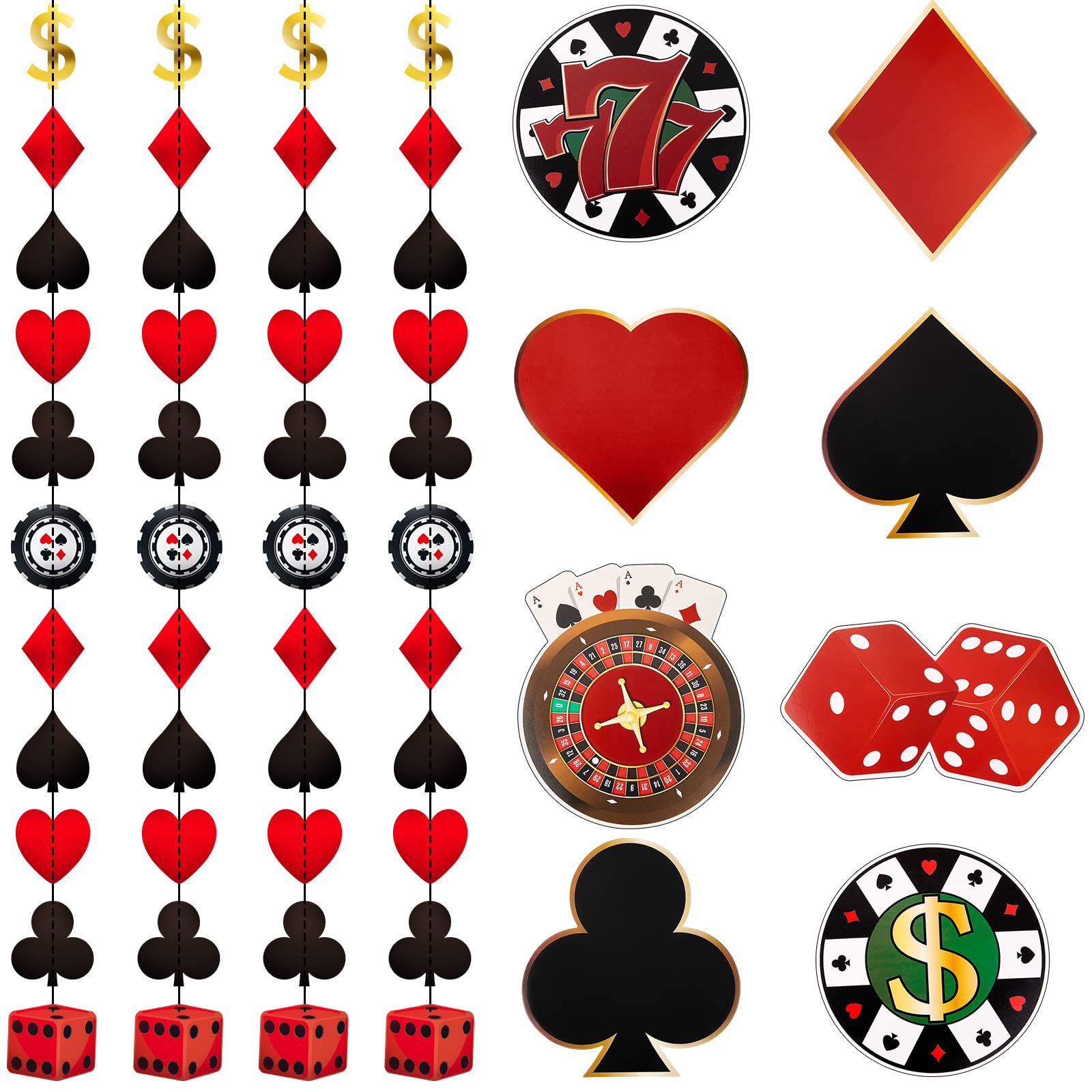 40 Pieces Casino Theme Party Decorations Las Vegas Theme Party Supplies Red Black Poker Decoration Includes 8 Pcs Party Foil Hangings and 32 Pcs Birthday Party Decoration Cutouts with Glue Point Dot