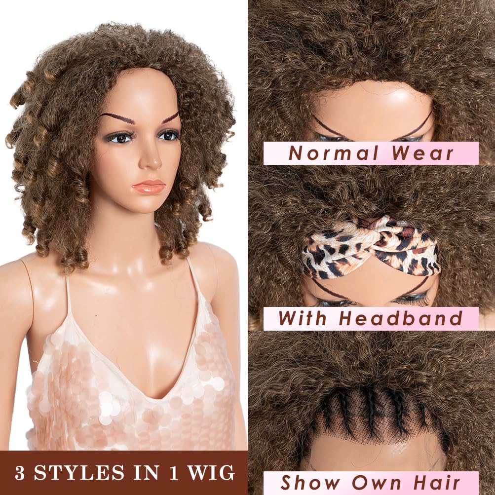 Style Icon 3-in-1 Magic Drawstring Half Wig | 14" Short Afro-Textured Large Volume Ombre Light Brown Blonde Color Synthetic Hair | No Glue, No Sew | Ponytail & Bun Styler