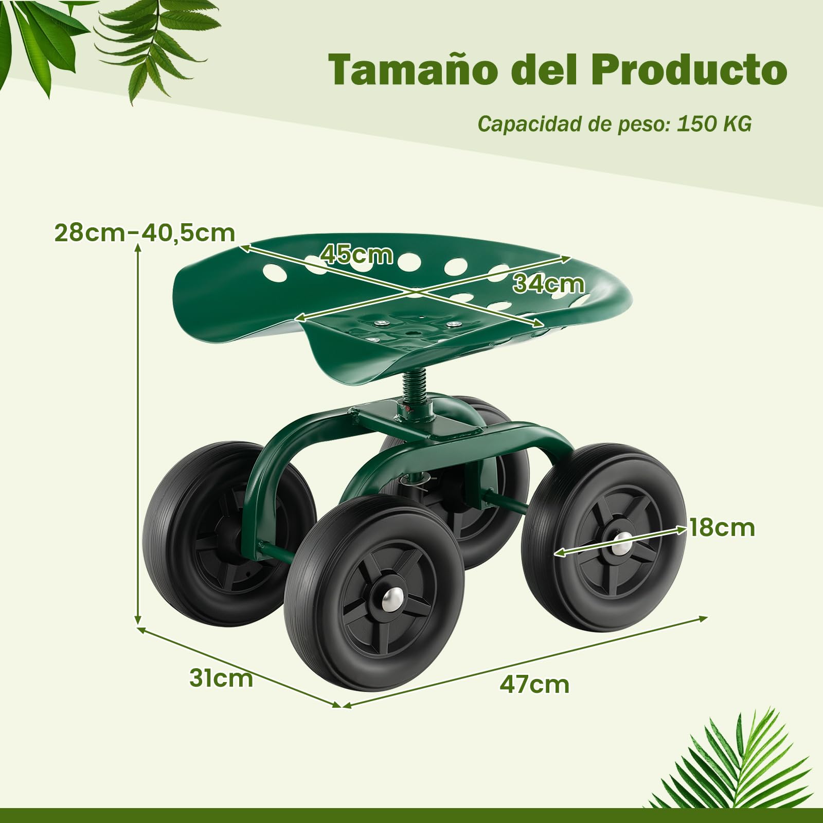 COSTWAY Carrito de Jardín con Asiento Giratorio de 360° y Altura Ajustable, Carro de Taburete de Jardinería con Ruedas, Taburetes Móvil para Jardinería para Jardín, Césped y Patio Trasero (Verde)