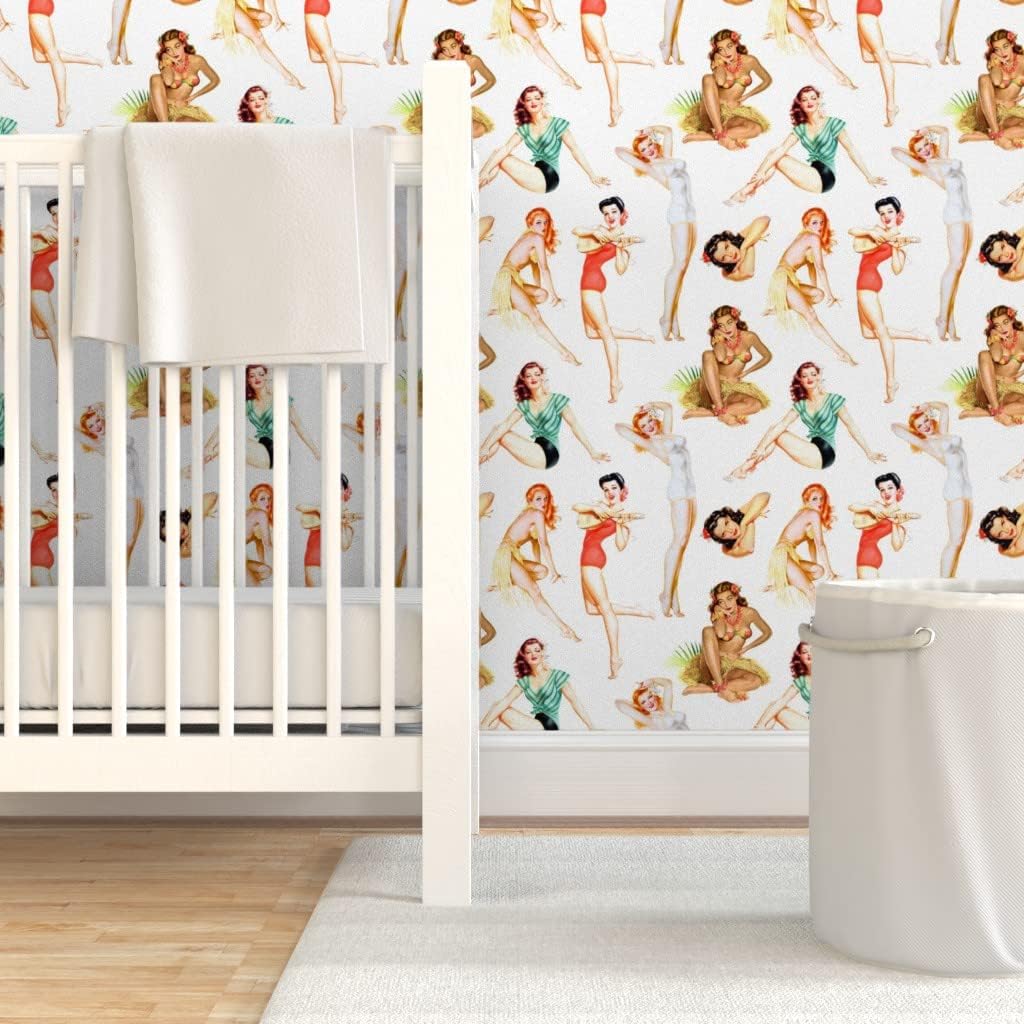 Peel & Stick Wallpaper Swatch - Pinup Girls Retro Women Vintage Style Tropical Hawaiian Custom Removable Wallpaper by Spoonflower