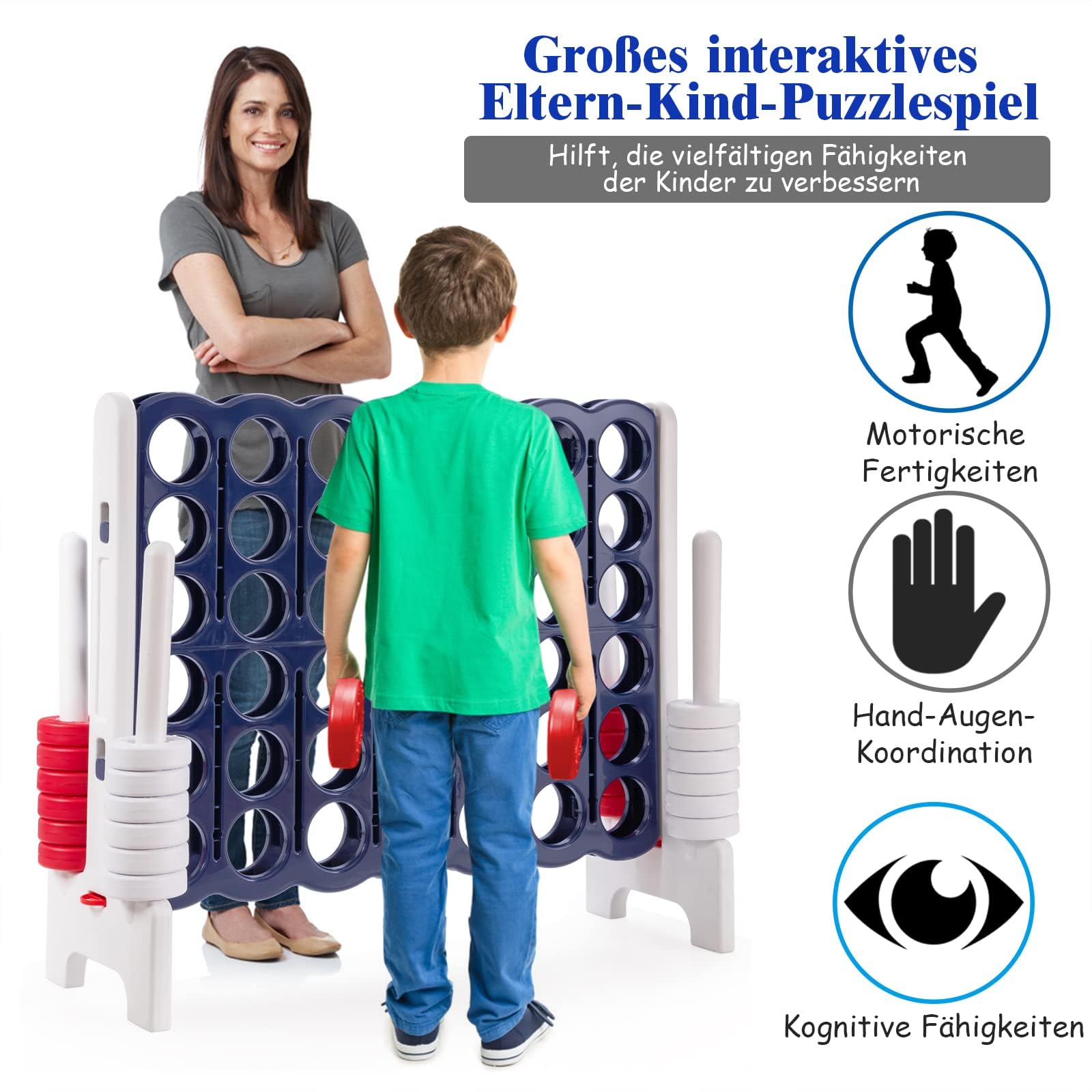 FANTASK Vier in Einer Reihe Spiel mit 42 Jumbo Ringen, Schieberegler zum schnellen Neustart – 4 Gewinnt Spielbrettsätze für Kinder und Erwachsene (Weiß)