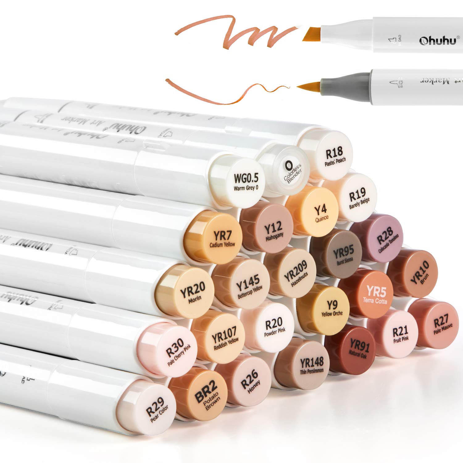 24 Skin-Tone Colors Alcohol Markers, Ohuhu Brush & Chisel, Sketch Art Marker, Alcohol-based Brush Markers for Kids and Adults' Coloring, Illustration, BONUS 1 Colorless Alcohol Marker Blender