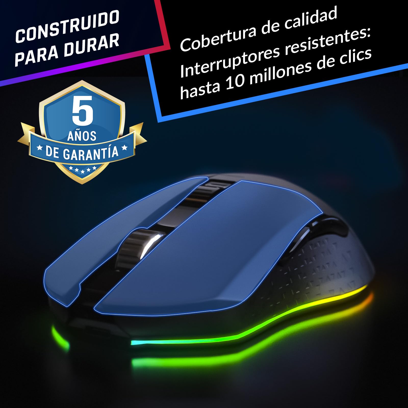 KLIM Blaze Ratón Gaming Inalámbrico RGB Recargable, hasta 10000 dpi | Botones Probados para 20 Millones de Clics, Laterales Antideslizantes Adaptables a Cualquier Agarre, Negro