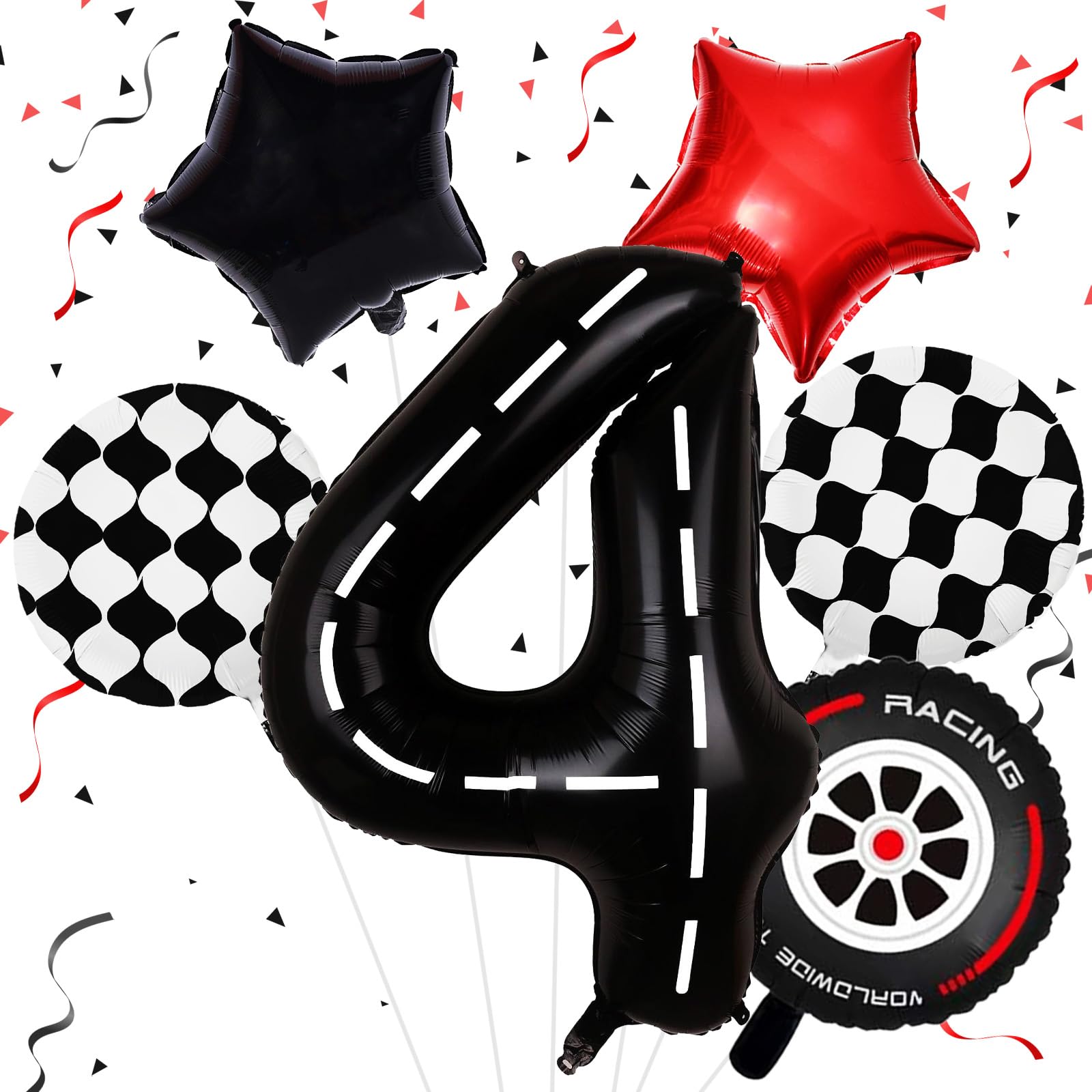 Race Car Birthday Balloons, 4th Birthday Decoration for Boys, 40 Inch Racetrack Number 4 Foil Balloon with Black Wheel Tire Balloon, 4 Years Old Boys Cool Birthday Racecar Theme Party Decor Supplies