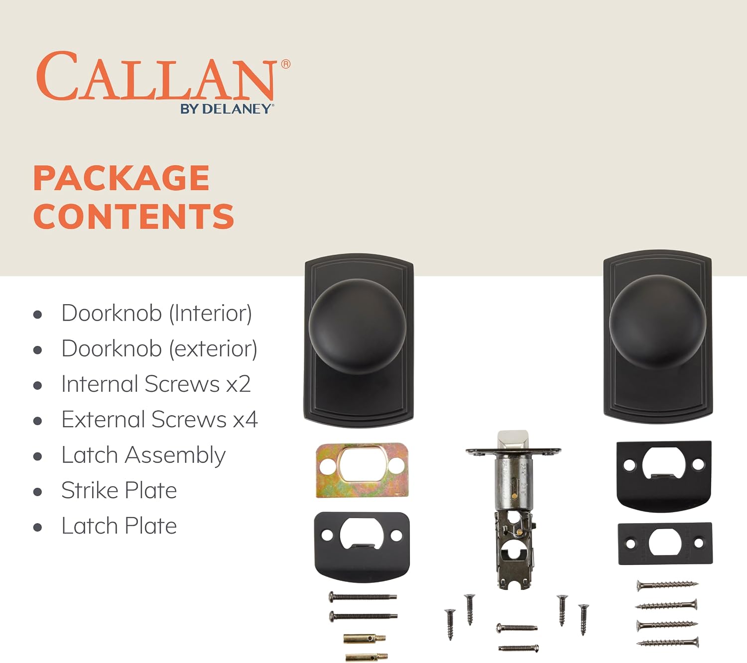 Delaney Callan Hardware Santo Passage Door Knob, Fits Doors 1-3/8 to 1-3/4 in. Thick, Matte Black – Reversible Left/Right-Handed Hallway, Closet Door Knob with Latch – Easy to Install