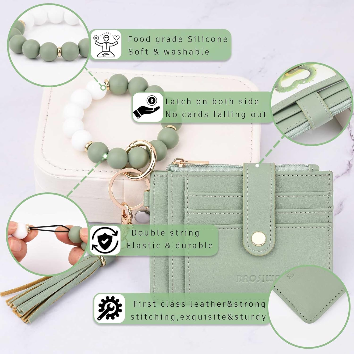 BAOSIWA Silicone Bracelet Keychain Wallet for Women Wristlet Card Holder Slim RFID Wallet with Zipper Pocket - Image 3