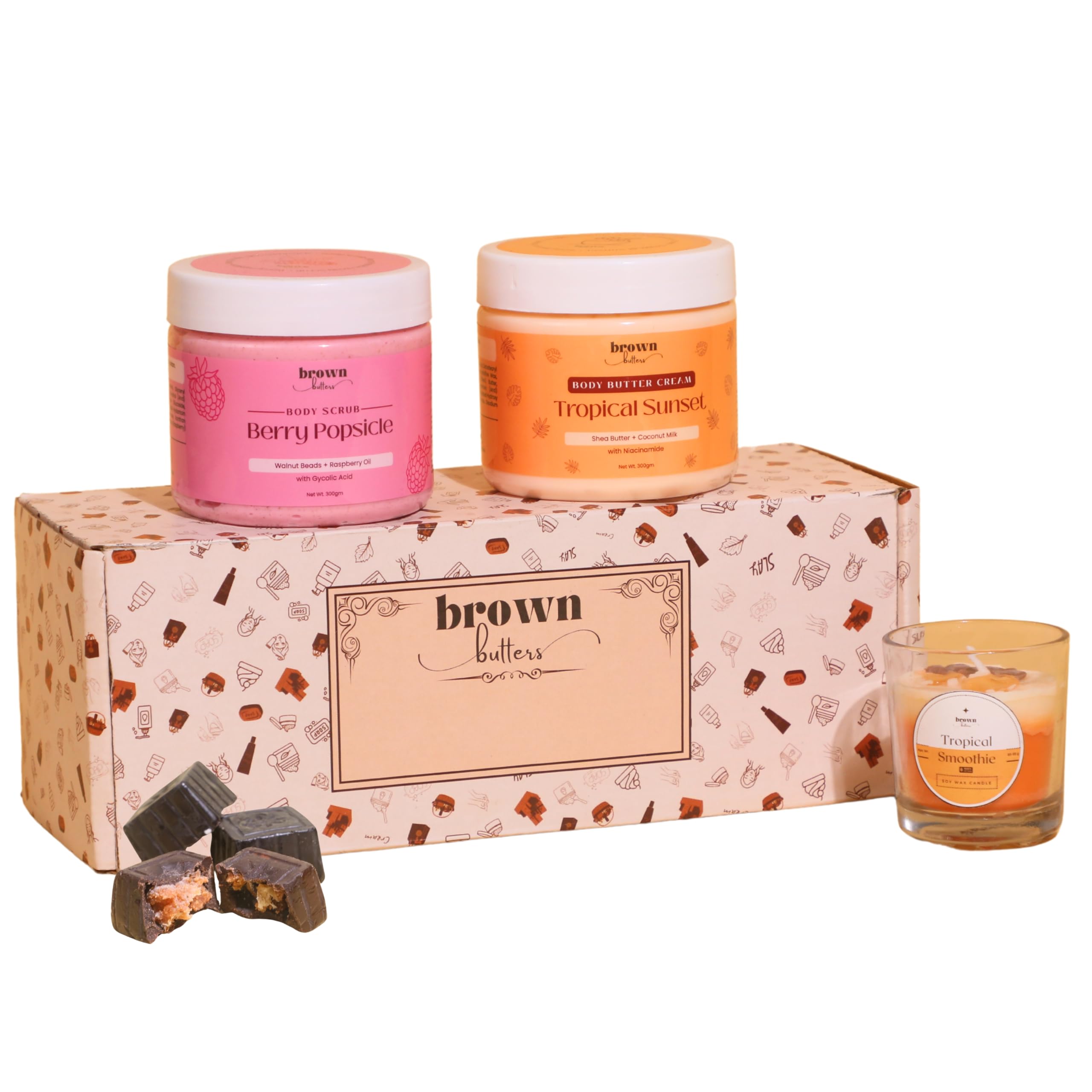 Summer Vacation Bath & Body Gift Set | Pack of 4 | Berry Popsicle Scrub, Tropical Sunset Body Butter, Tropical Smoothie Candle, Chocolates | Gift Box for Women & Men | Birthday, Anniversary, Gifting-image-22