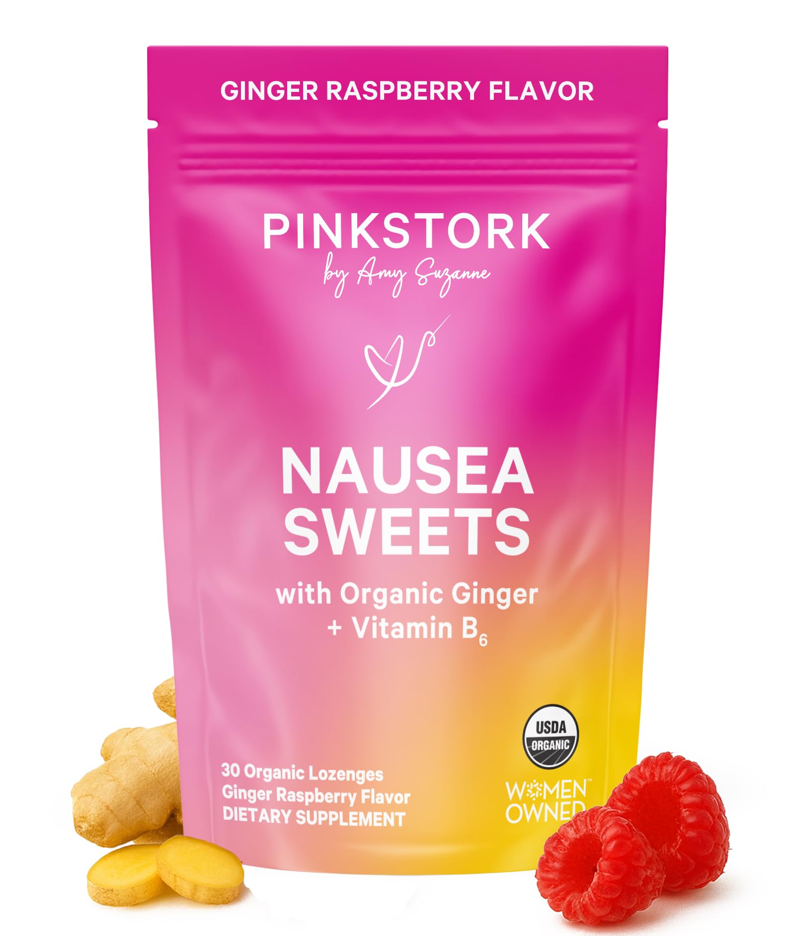 Pink Stork Organic Ginger Raspberry Sweets with Vitamin B6 for Morning Sickness and Motion Sickness, Added Ginger & Vitamin B6, 1st Trimester Pregnancy Must Haves - 30 Wrapped Candies