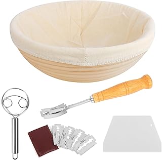 CTDMJ 10inch Bread Proofing Basket Set 100% Natural Bread Banneton Sourdough Proving Basket Kit Sourdough Bread Making Tools with Dough Whisk, Linen Liner Cloth, Dough Scraper, Bread Lame & Blades