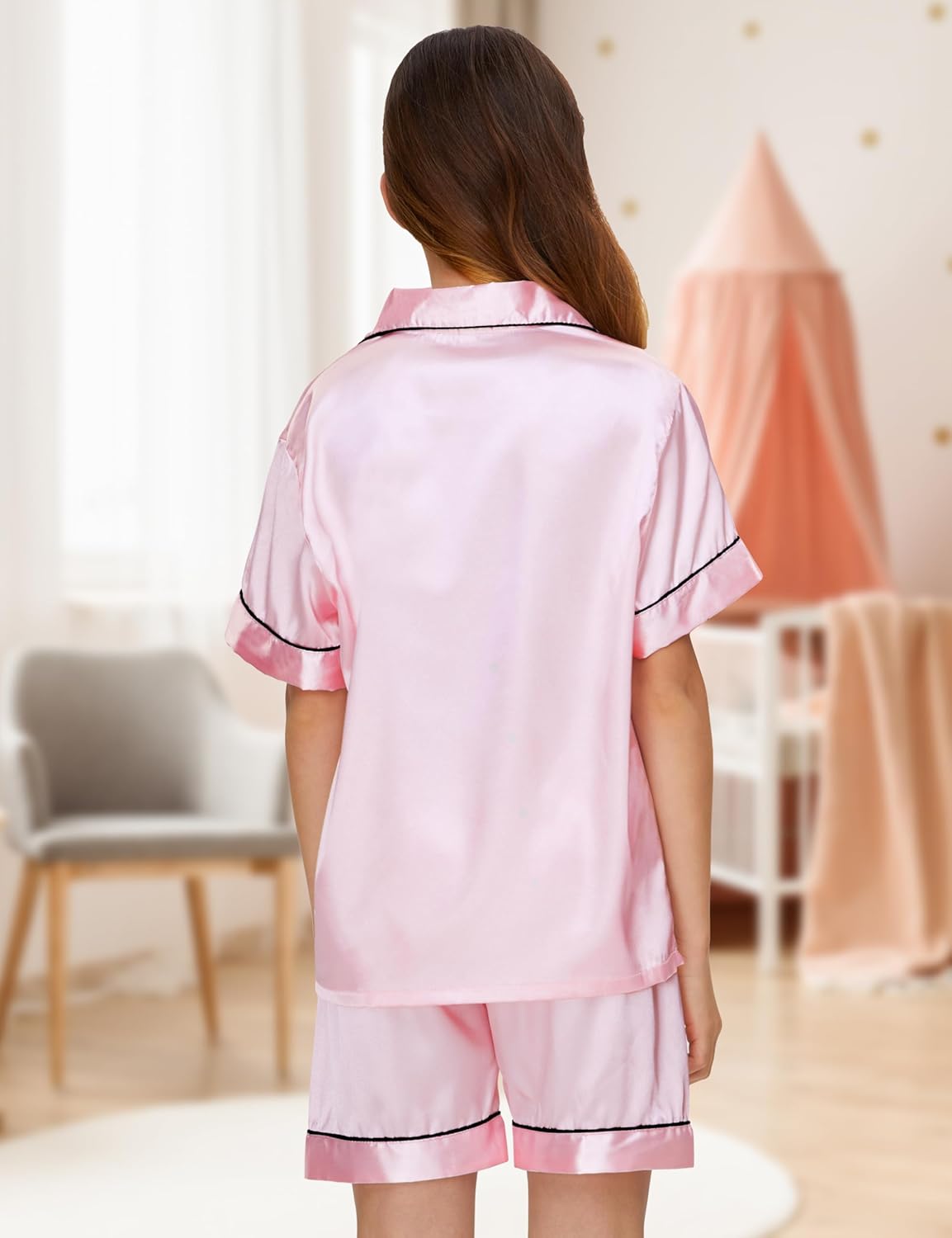 MORFORU Satin Kid Short Pajamas Set 5 Piece Child Silk Pjs Button Sleepwear with Eye Mask, Hairband, Hair Ring - Image 6