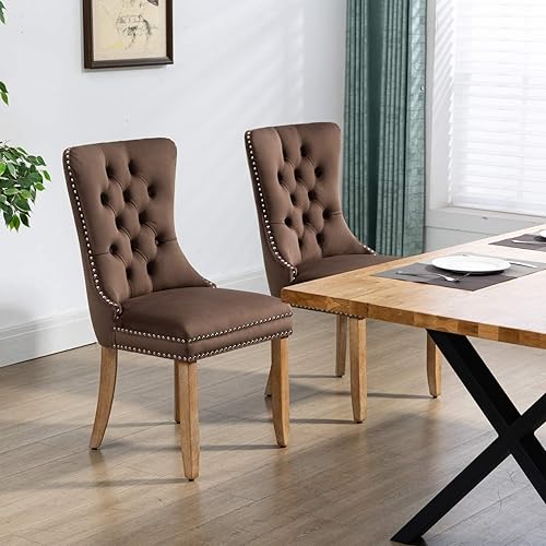 Miniatura 3 de Silla de comedor tapizada de terciopelo con patas de madera y respaldo copetudo, silla auxiliar de decoración de remaches, para comedor, cocina,