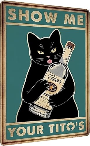 Miniatura 1 de Letrero de metal retro, cristal de whisky con gato negro, decoración de pared humorística de 8 x 12 pulgadas para garaje, bar en casa o rincón de