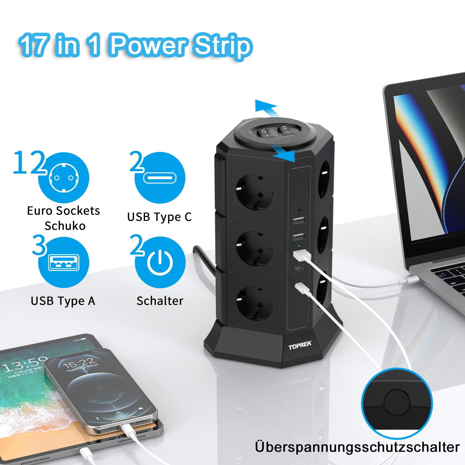 TOPREK Mehrfachsteckdose 12 Fach, mit Überspannungsschutz USB C Schalter