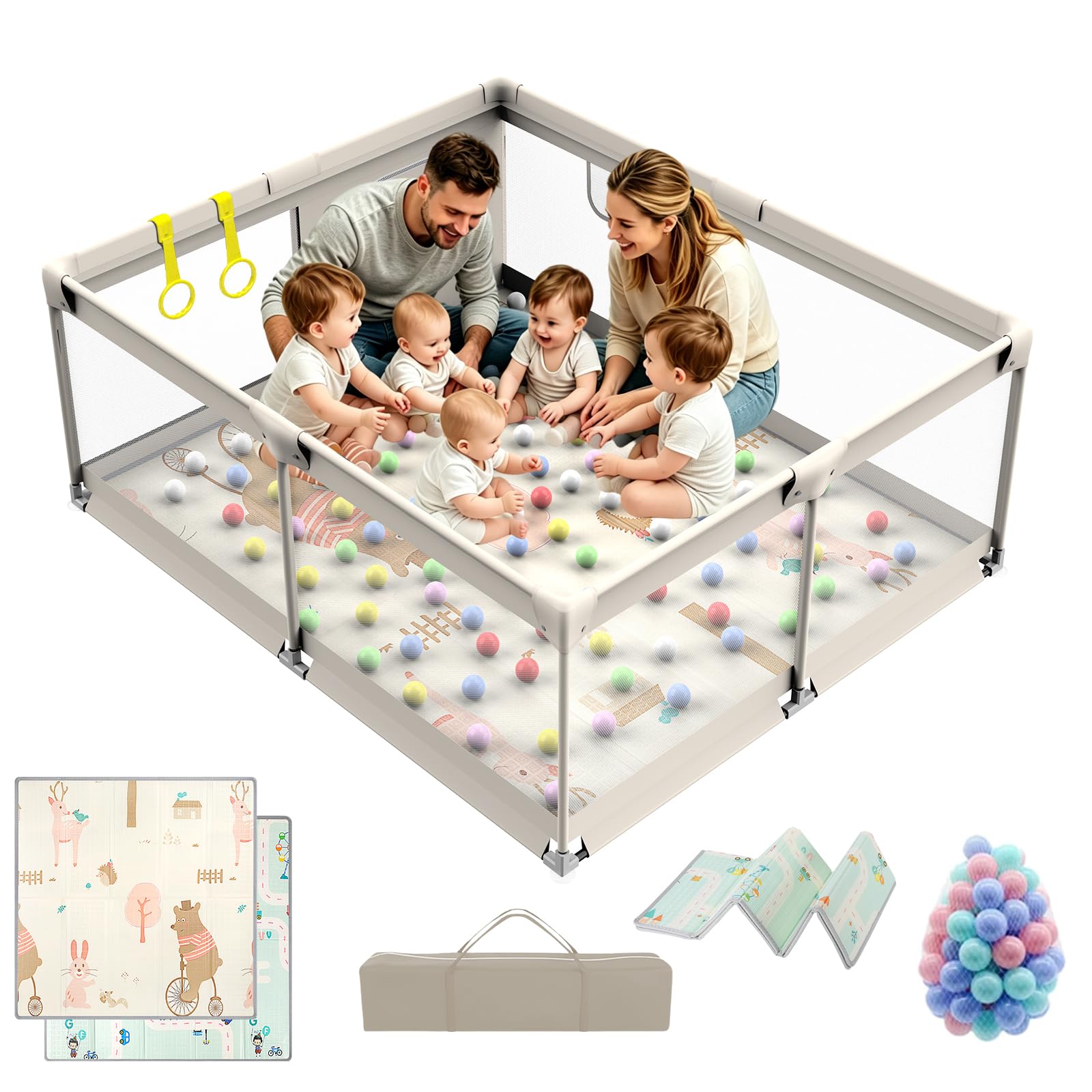 Parque Infantil Bebe,150x180cm Corralito Bebe Con Alfombra,50 Bolas,Extra Grande XXL Parque De Juegos,Parque Bebes para Casa Plegable Con Malla Transpirable en Los Cuatro Lados y Ventosas