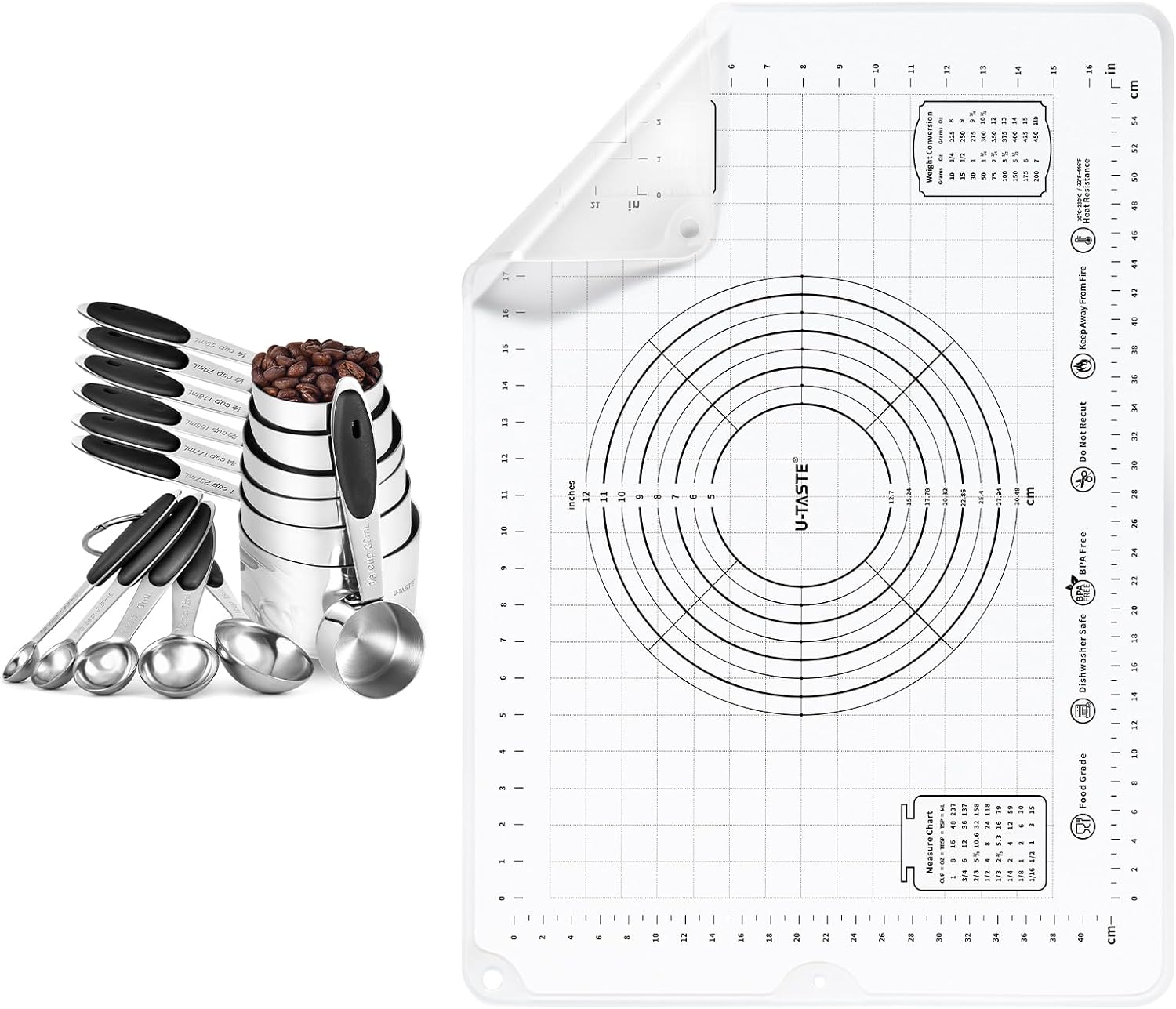 U-Taste 18/8 Stainless Steel Measuring Cups and Spoons (Set of 12, Black), and 20inx28in Large Silicone Pastry Mat Food-Grade Non-Stick Dough Rolling Mat (Transparent)