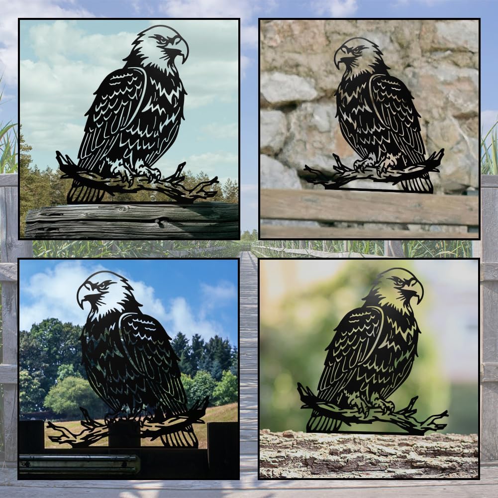 WADORN Eagle Metal Garden Yard Art Decor, Bird on Branch Iron Decorative Garden Stakes Wild Animal Black Silhouette Outdoor Fence Decor for Tree Wall Ornaments Yard Art Outdoor Decor Garden Decor