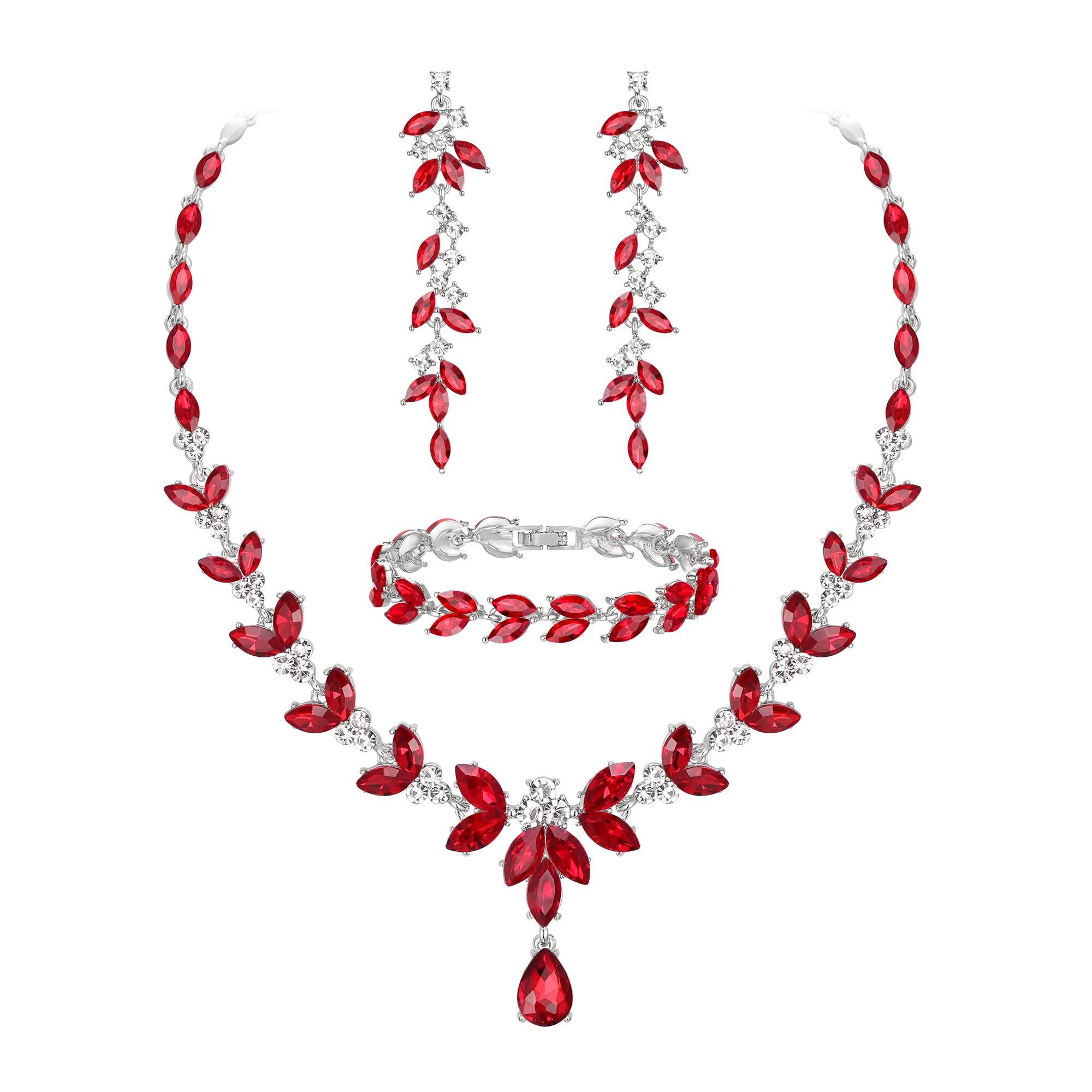 Set Gioielli Damigella EVER FAITH - Collana, Orecchini E Bracciale Con Cristallo Austriaco, Motivo Foglie, Argento