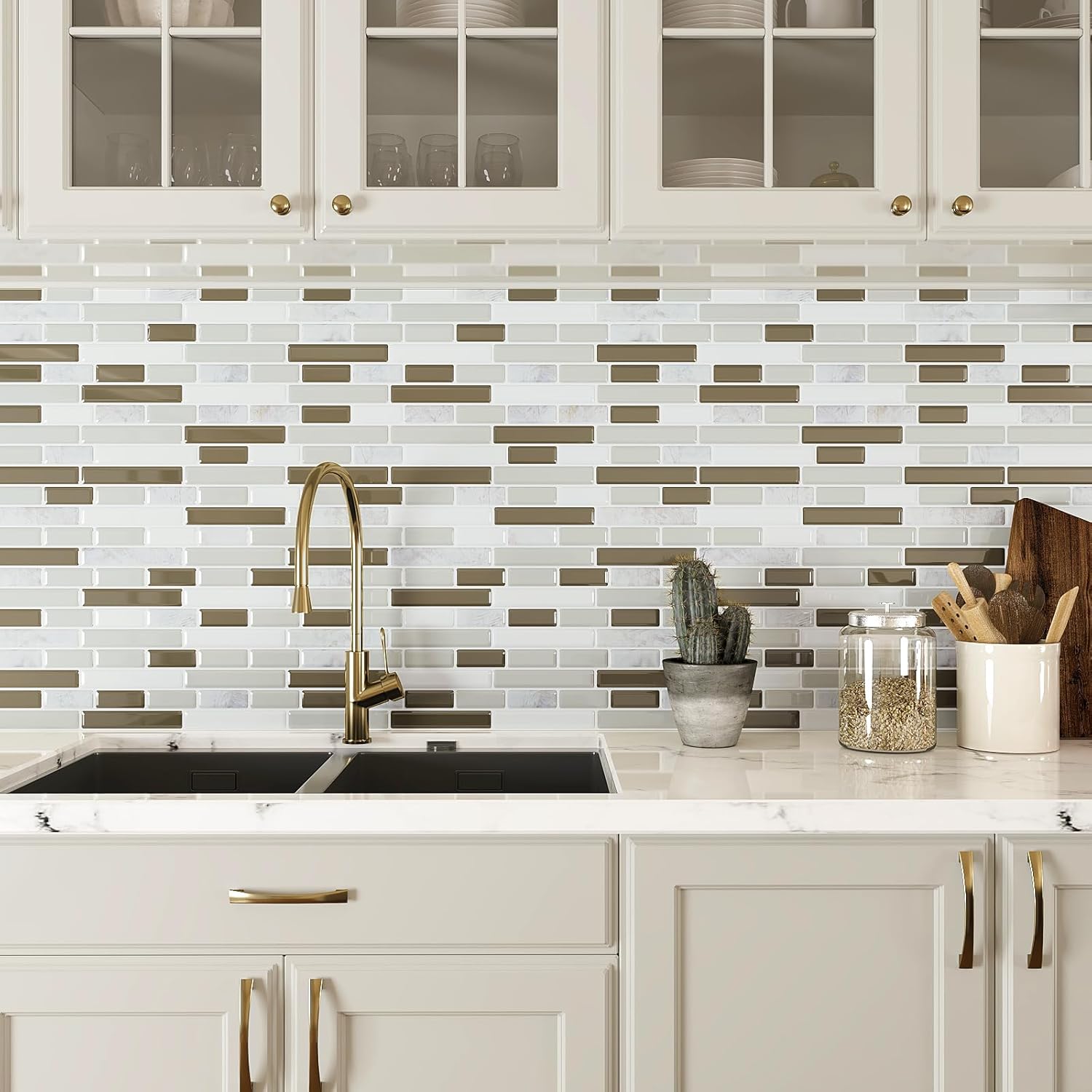 VEELIKE Mosaic Peel and Stick Backsplash for Kitchen Brown Green Peel and Stick Tiles Backsplash 12 Sheets Self Adhesive Back Splash Wall Tile Stickers for Bathroom Laundry Room Renters 12''x12''