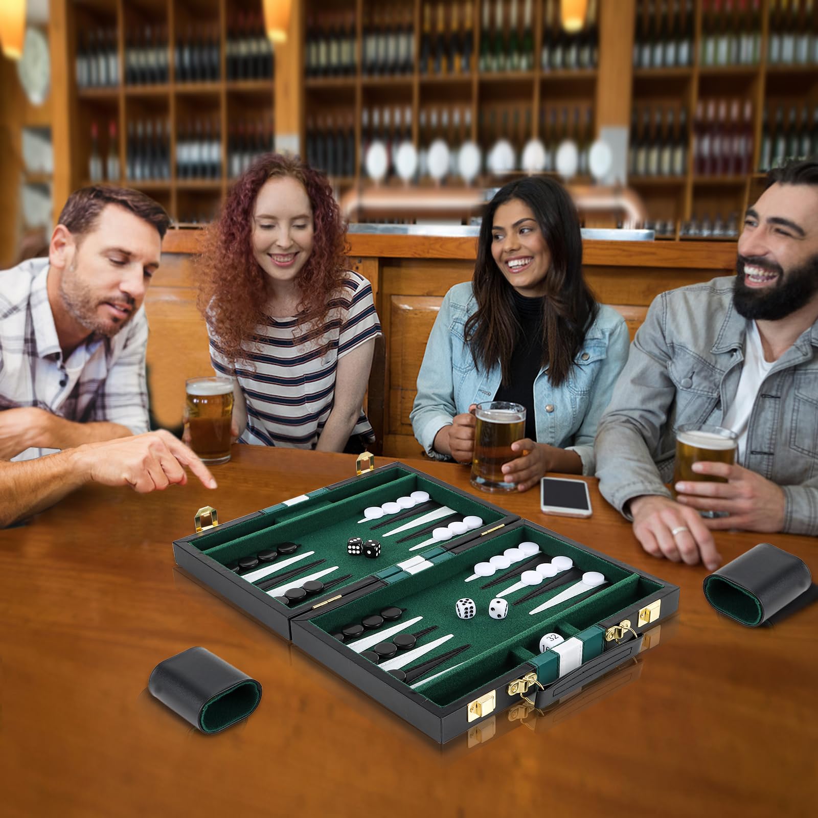 Set de Backgammon 11 Pouces pour 2 Joueurs, Mallette de Backgammon avec Accessoires complets, Set de Jeu de Voyage Portable Back-Gammon avec poignée pour Adultes (Vert)