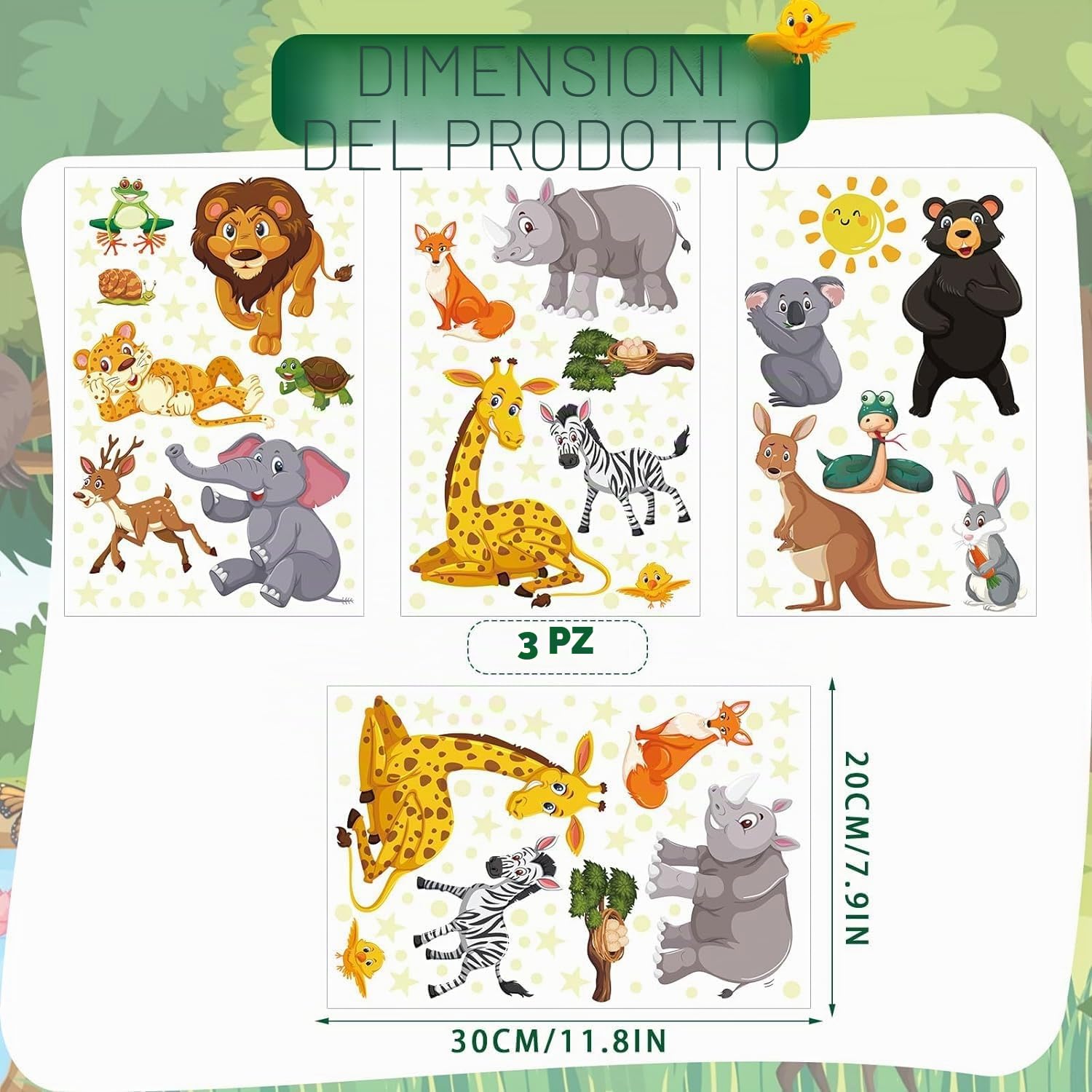 Adesivi da Parete Fluorescenti Animali Giungla Stickers Muro Luminoso Safari Elefante Leone Decorazioni Camera Bambini Verde