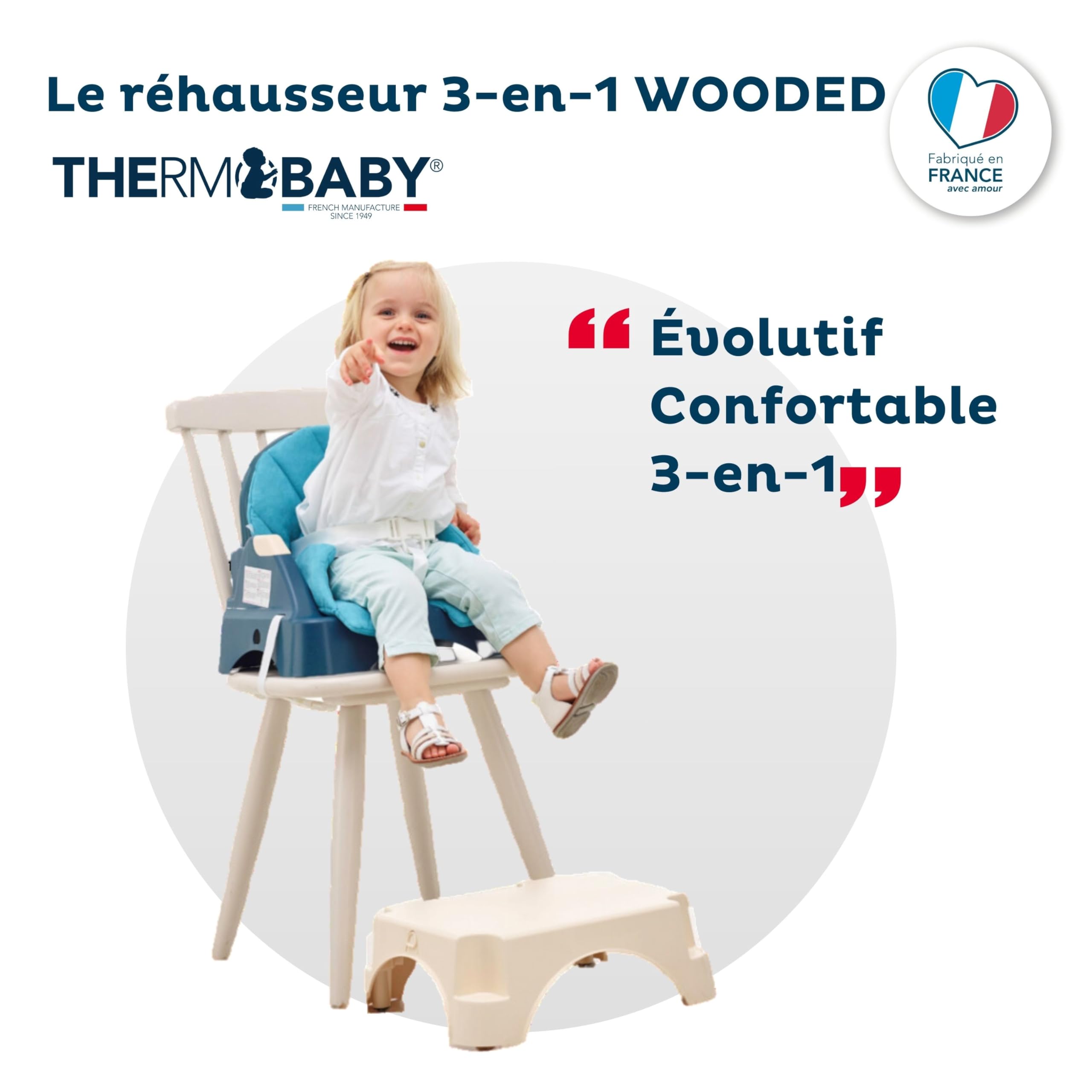 THERMOBABY - Rehausseur de chaise 3 en 1 Wooded Miscanthus - De 6 à 36 mois (jusqu'à 15 kg) - Fabriqué en France - Bleu