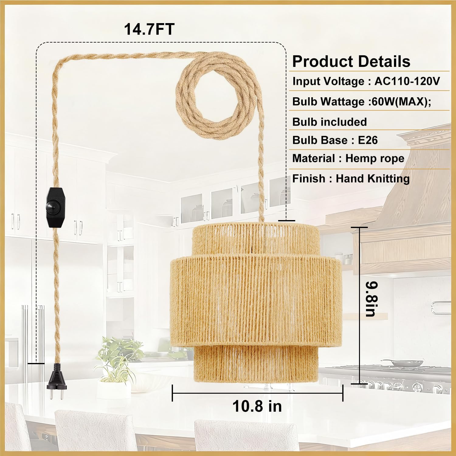 plug in pendant light rattan hanging lamp with 14.7ft Hemp Rope，Dimmable boho pendant lamp with adjustable cord，high output wicker hanging light plug in Woven Shade for Bedroom Dinning Kitchen