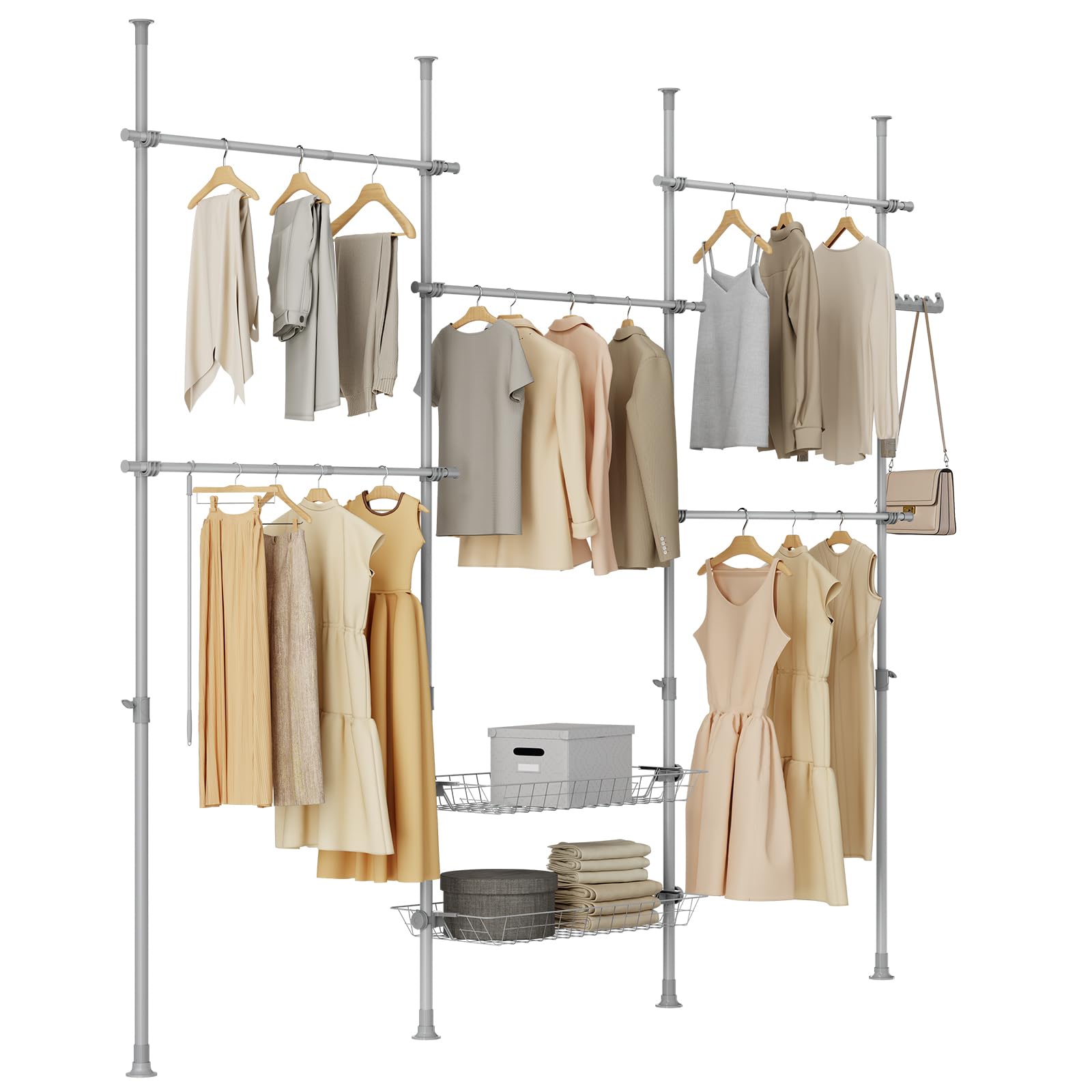 SoBuy Telescopic Clothes Rail, Heavy Duty Clothes Rack, Adjustable Open Wardrobe with Hanging Rails & Shelves for Bedroom, Walk-in Closet Grey KLS04-II-HG