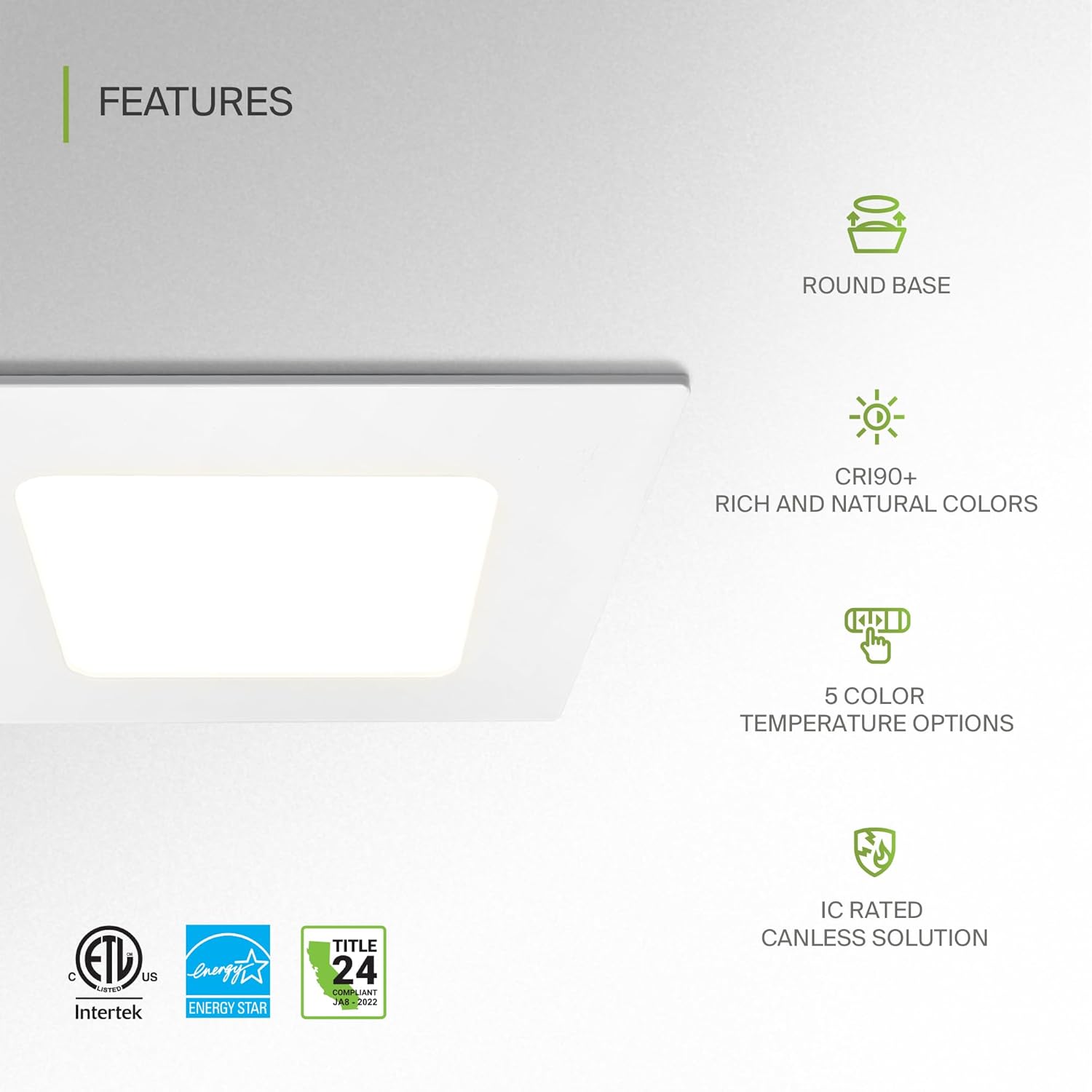 ASD 6 Pack LED Square Recessed Lighting 4 Inch with Round Back, 5CCT 2700K-5000K CRI90+, Ultra-Thin IC Rated Dimmable Ceiling Lights with Junction Box, Canless Wafer Downlight, ETL Energy Star, White
