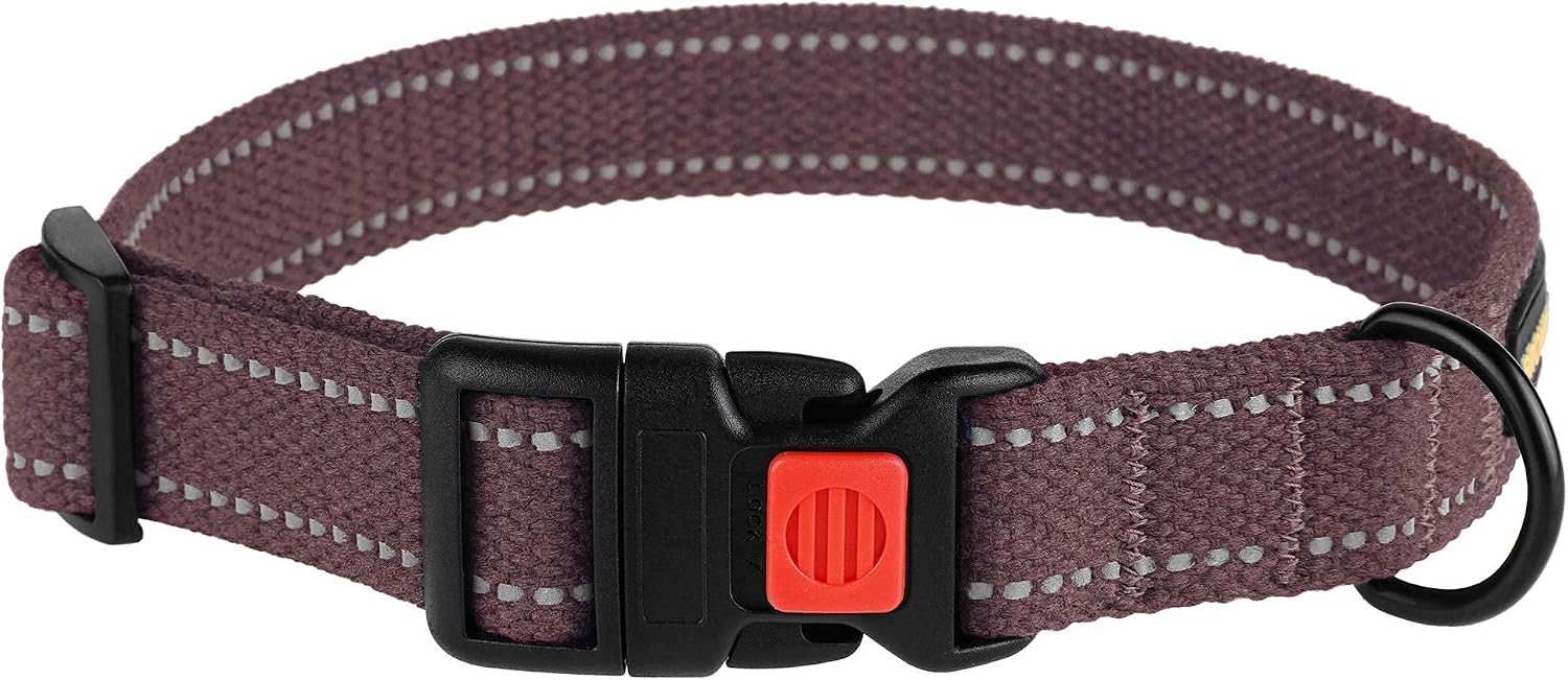 BRONZEDOG Reflective Dog Collar Basic Natural Cotton Adjustable Buckle Safety Collars for Small Medium Large Dogs Puppy Black Red Blue Orange Pink (S, Neck Fit - 10"-13", Burgundy)