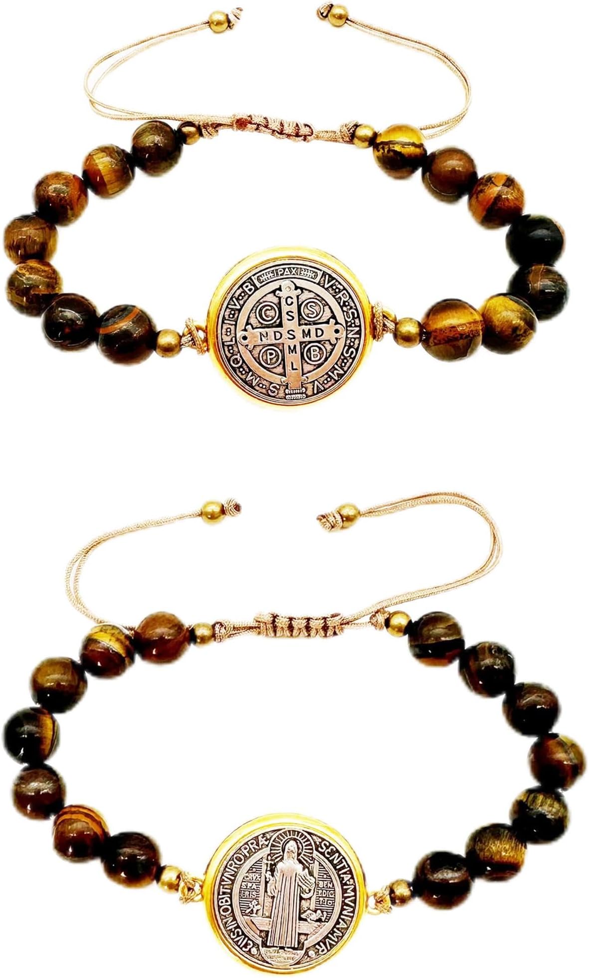 2Pcs San Benito Bracelet Tigher Eye Bracelet Saint Benedict Medal Catholic San Benito Medalla