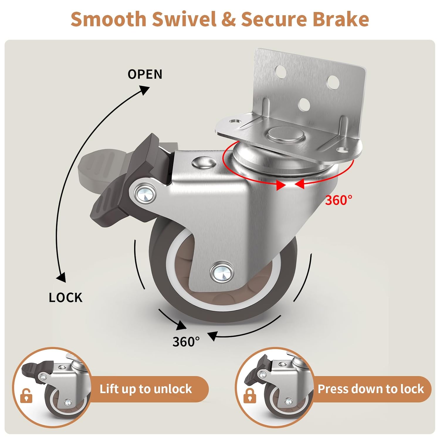 2" L-Shaped Swivel Plate Casters, TPR Silent Furniture Wheels with Brakes, Total Load Capacity 600 Lbs, Mounting for Wooden Cabinet, Sewing Table, Crib, 4 Pcs