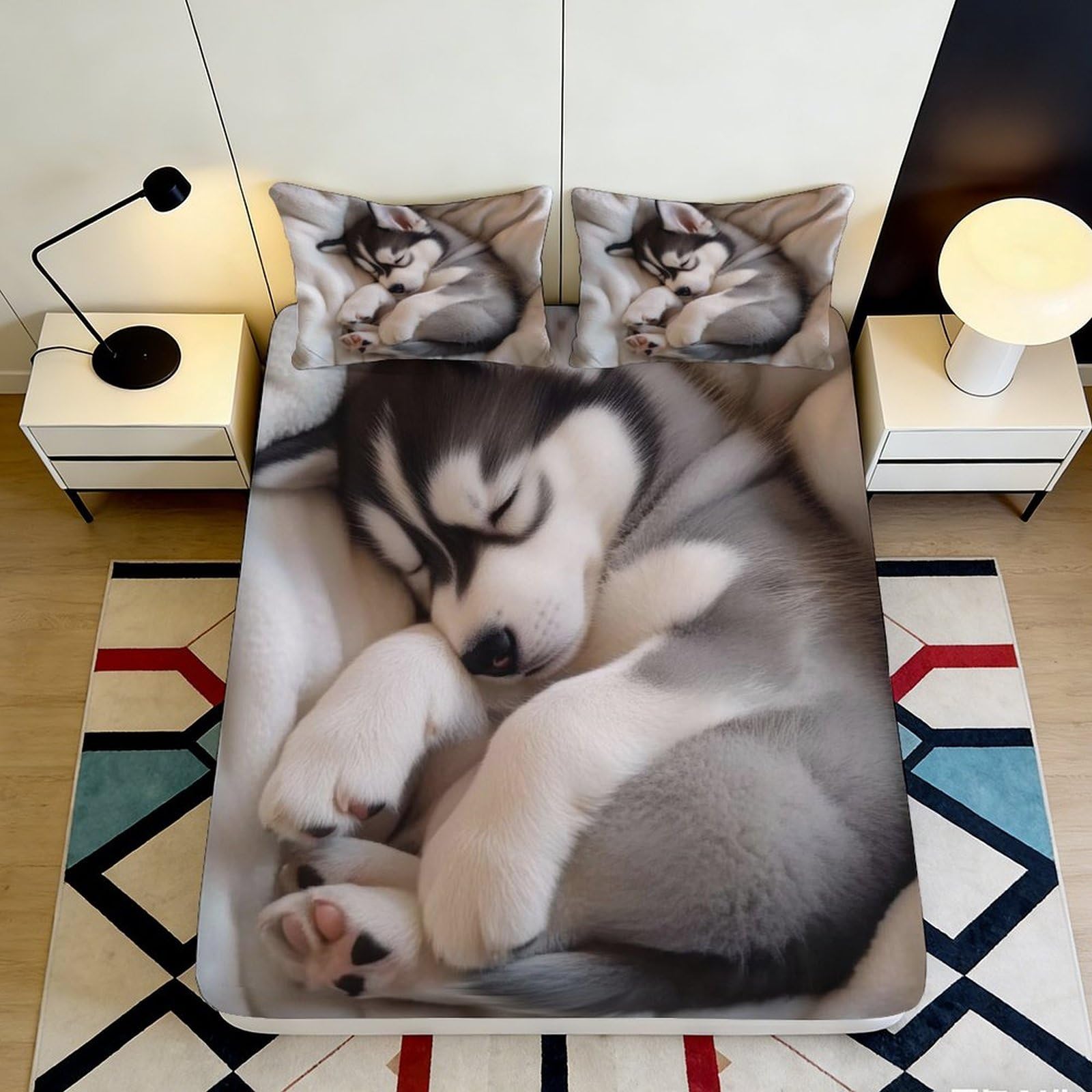 3D Printed Sleeping Husky Dog Fitted Sheet Microfiber Soft Breathable Puppy Pattern Bed Cover for Bedroom Dorm Mattress Protection Decor 180x200x25cm