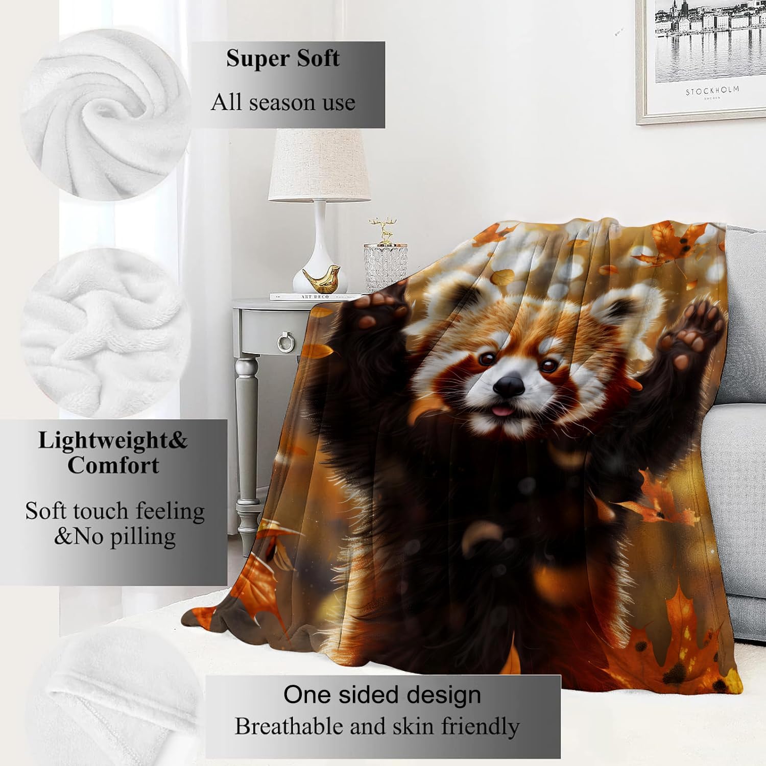 Red Panda Blanket Cute Autumn Leaves Fall Throw Blankets,Birthday Gifts for Kids Adult & Wildlife Fans,Lightweight Soft Fleece with Animal Lovers,for Sofa Couch Bed Room Decor 50x60in - Image 2