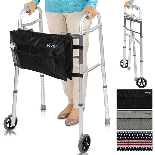 Vive Mobility Folding Walker for Seniors (with Wheels & Bag) - Rolling Rollator - Narrow, Foldable, Lightweight - Medical Front Wheeled Support - for Adults, Handicap, Elderly (with Black Bag)