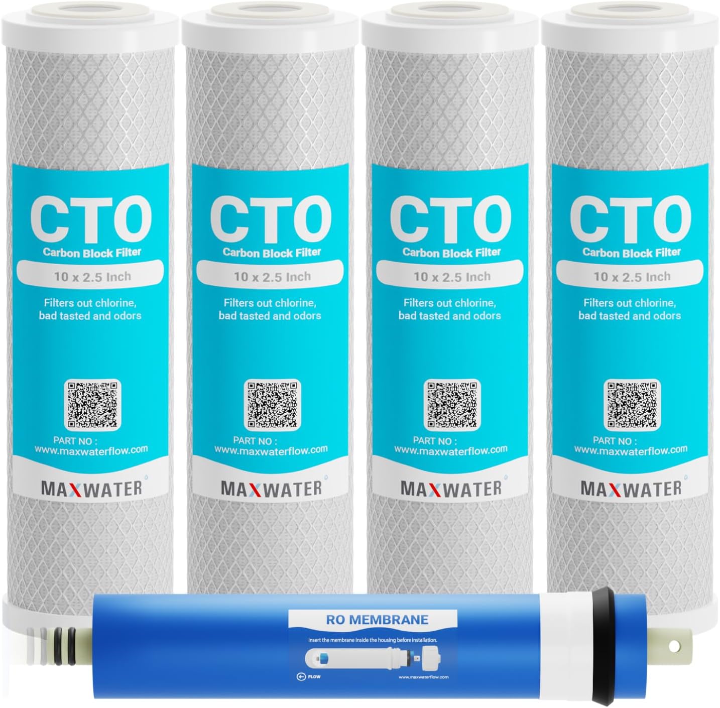 Max Water Combo Pack FX12P and FX12M or TFM-24 Water Filter Replacement, Compatible GE RO Set GXRM10RBL GXRM10G Reverse Osmosis Systems - Carbon Block Filters and 50 GPD RO Membrane (Membrane + 4 CTO)