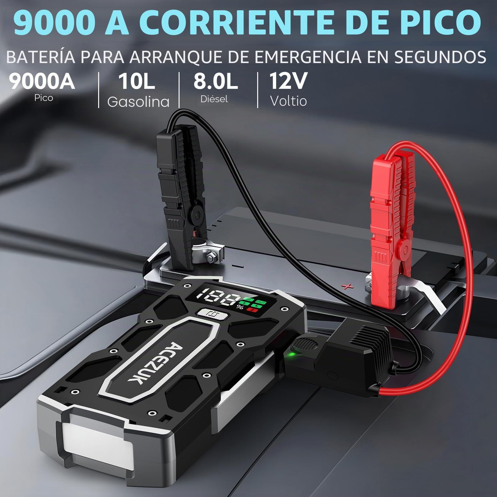Acezuk, Arrancador de batería para vehículos, 7000 A, arrancador de Emergencia para Coche/Moto (10 L de Gasolina o 8 L de diésel), portátil, con luz LED/LCD y Puerto QC3.0