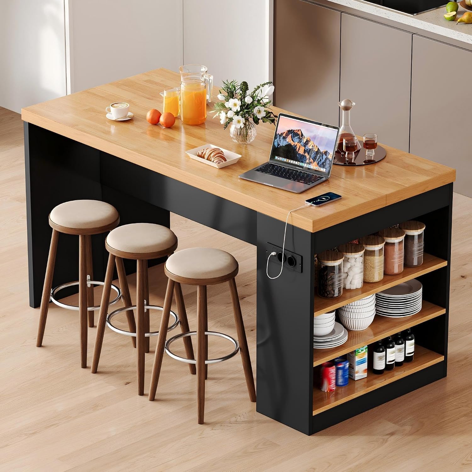 DHHU Îlot de Cuisine 155x80x90 cm avec Prises & USB, Plan de Travail Épais 40 mm, Éclairage LED Intégré, 3 Étagères de Rangement, Meuble Multifonction pour Cuisine et Salle à Manger