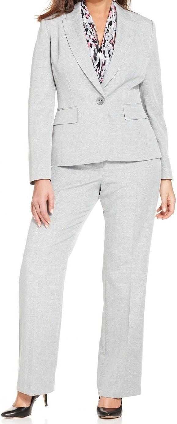 Le Suit Women's Plus Size Herringbone Jacket with Scarf and Pant Suit Set