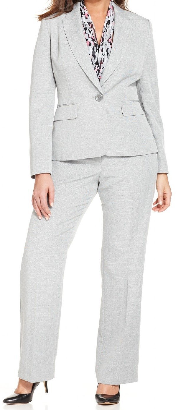 Le Suit Women's Plus Size Herringbone Jacket with Scarf and Pant Suit Set
