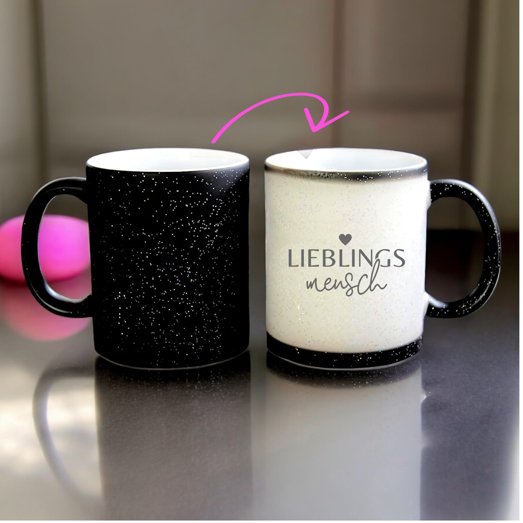 Farbwechsel-Tasse „Lieblingsmensch“ – Zaubertasse mit Glitzer, Keramik 330 ml, magische Tasse für Kaffee & Tee, Geschenkidee für Partner, Freunde, Familie