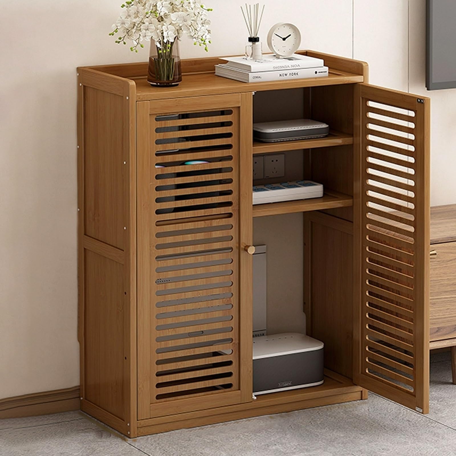 Armoire de rangement en bois pour routeur WiFi, étagère pour routeur avec porte d'armoire, pour la maison, la chambre à coucher, le salon, peut être utilisée pour couvrir les boîtiers électriques