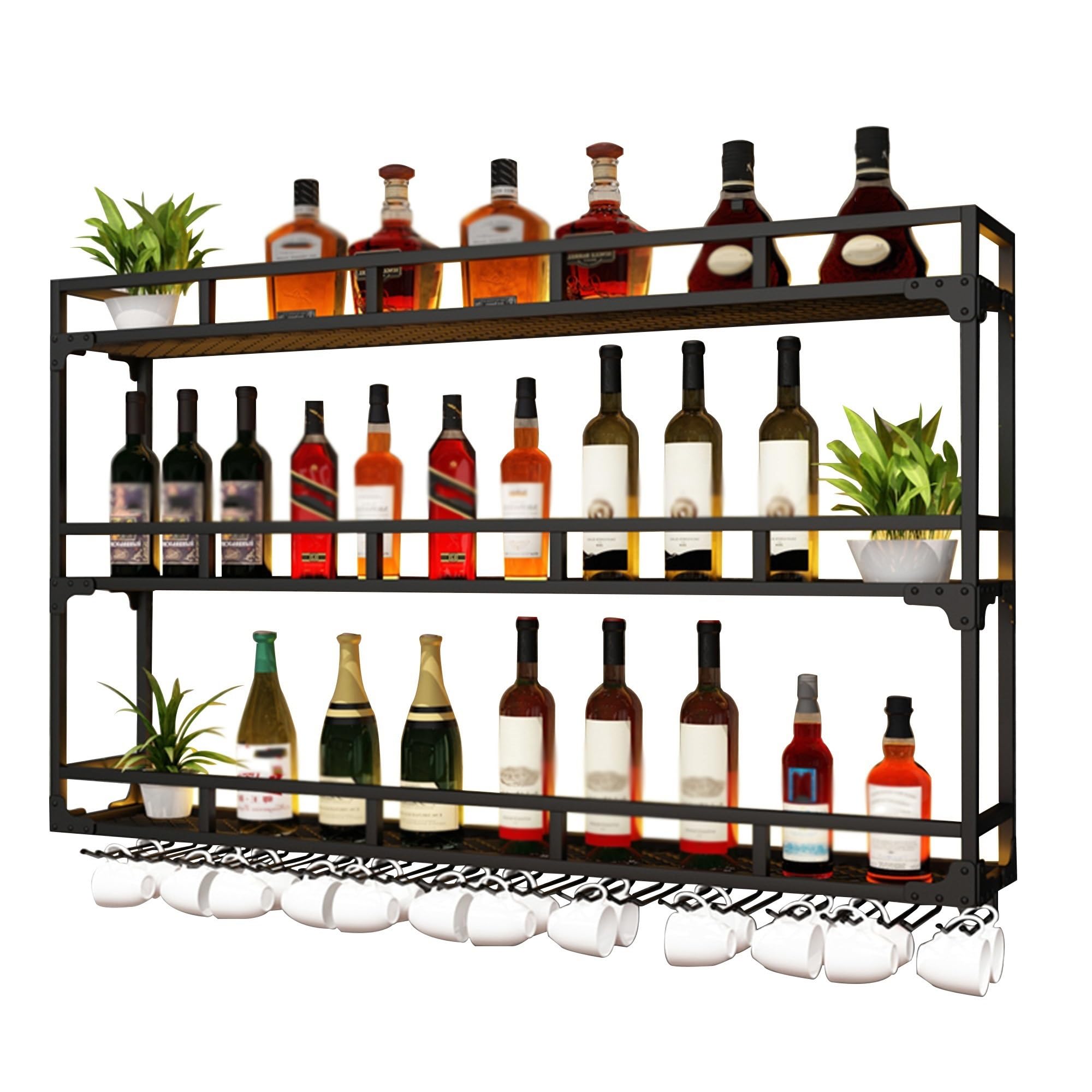 Portabottiglie da parete con luce a LED, 80 cm / 31.49in, nero, mensola per vino, elegante mobile da cucina, mini bar, per sala da pranzo e bar di casa