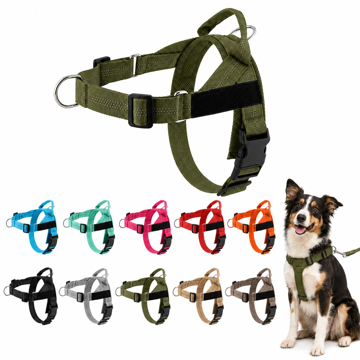 ParoPet No Pull Dog Harness — Adjustable Harness with Front Chest Clip, Lightweight Breathable Material and Reflective Details for Medium and Large Dogs, Walking, Training and Travel (Dark green,S)