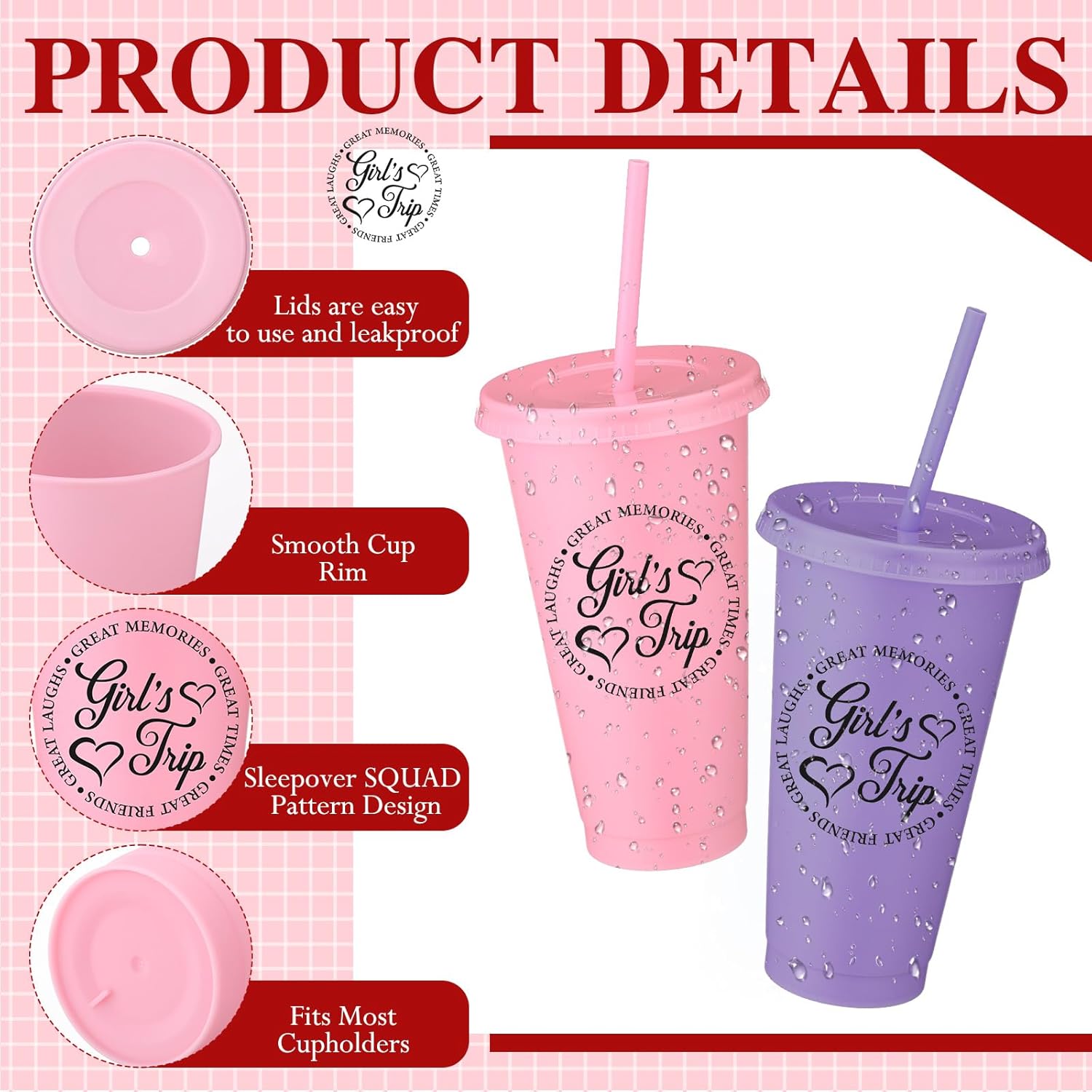 CHENGU 9 Set Girls Trip Gifts Favors Weekend Gifts 2026 for Girls Women Trip Cup with Lid Straw 24oz Plastic Tumbler Travel Friendship Cup for Friend Bachelorette Vacation Party (Bright) - Image 3