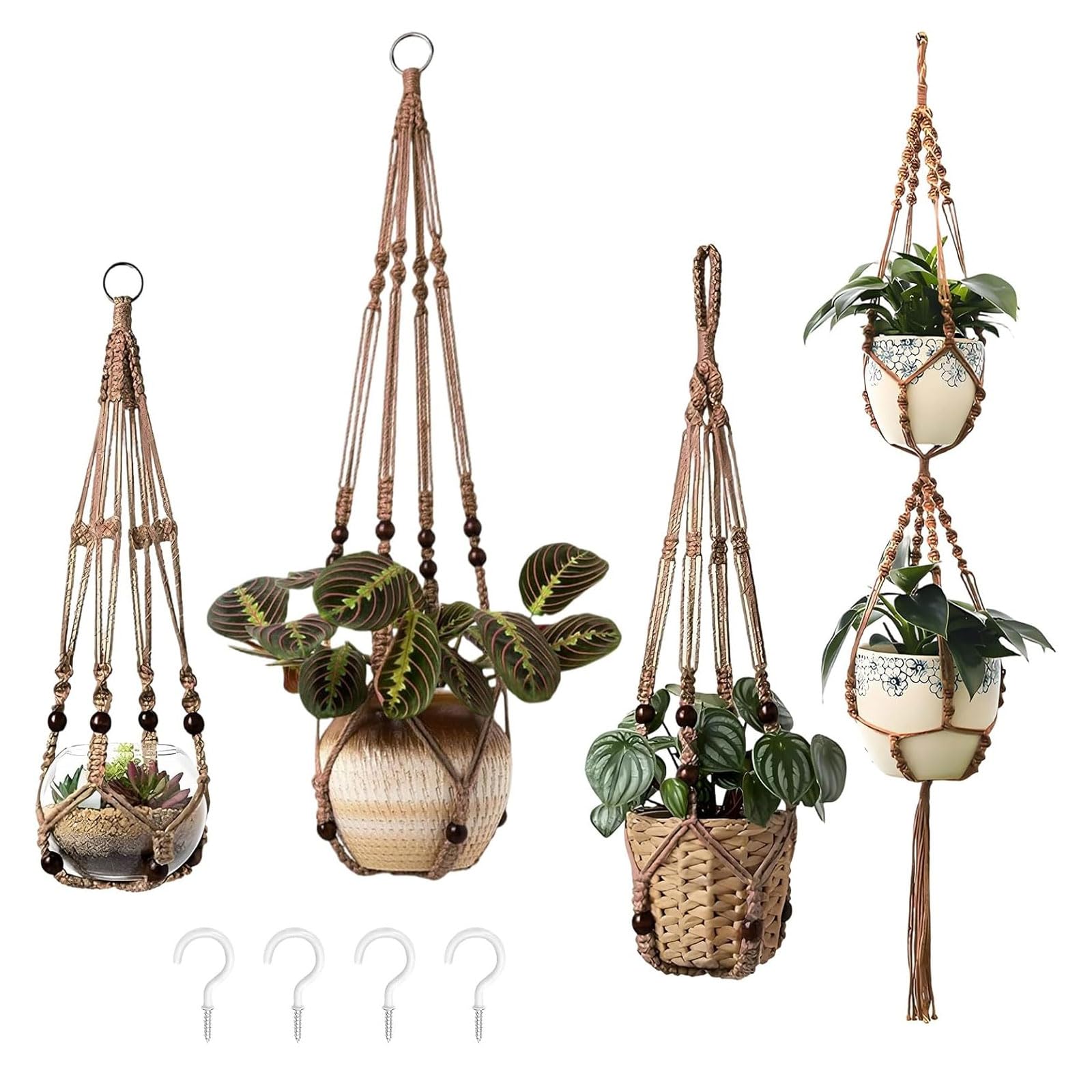 Domefahaso 4 Pack Macrame Plant Hangers, Hand-Woven Hanging Planters from Natural Rope, Boho Style Plant Holders with Hooks